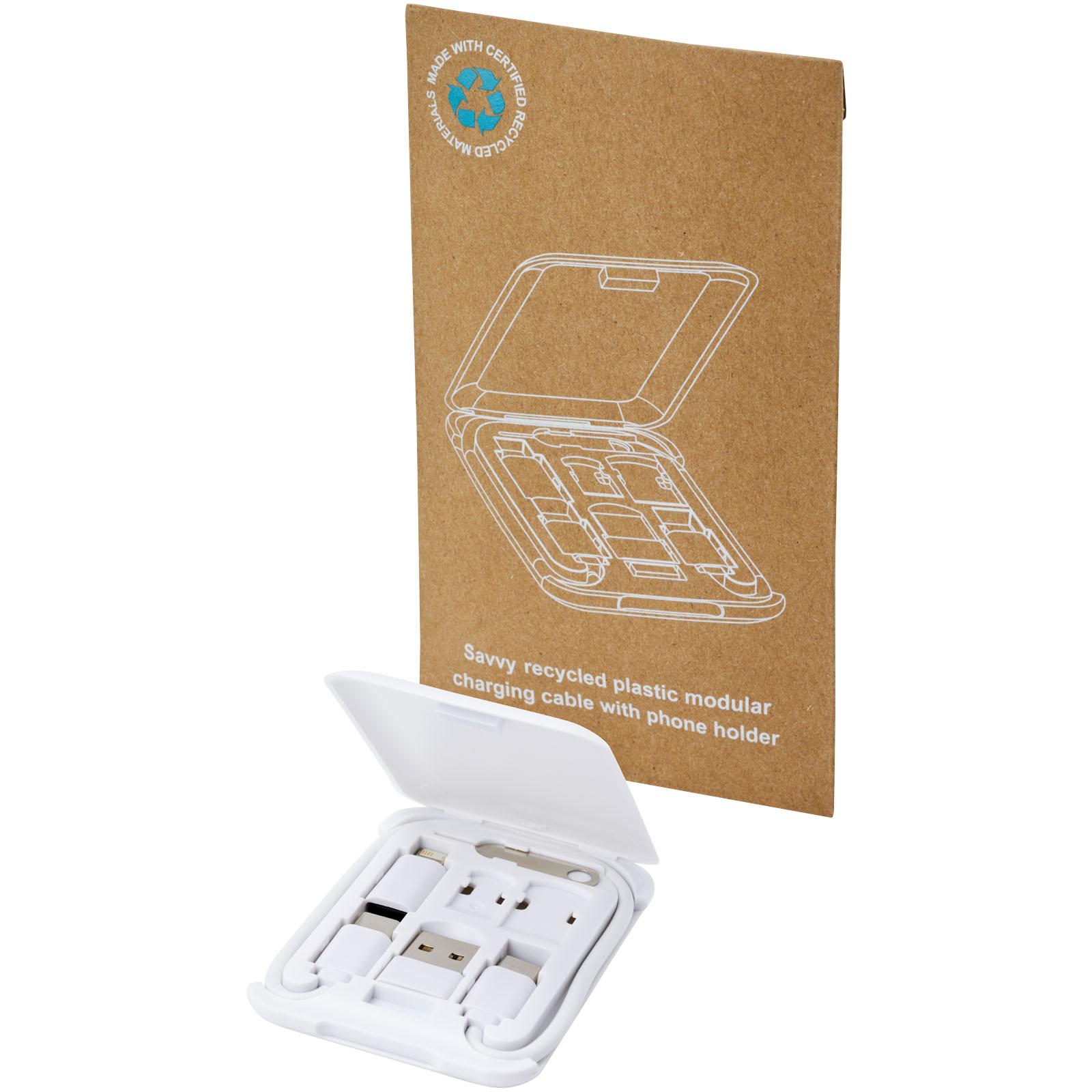 Savvy recycled plastic modular charging cable with phone holder