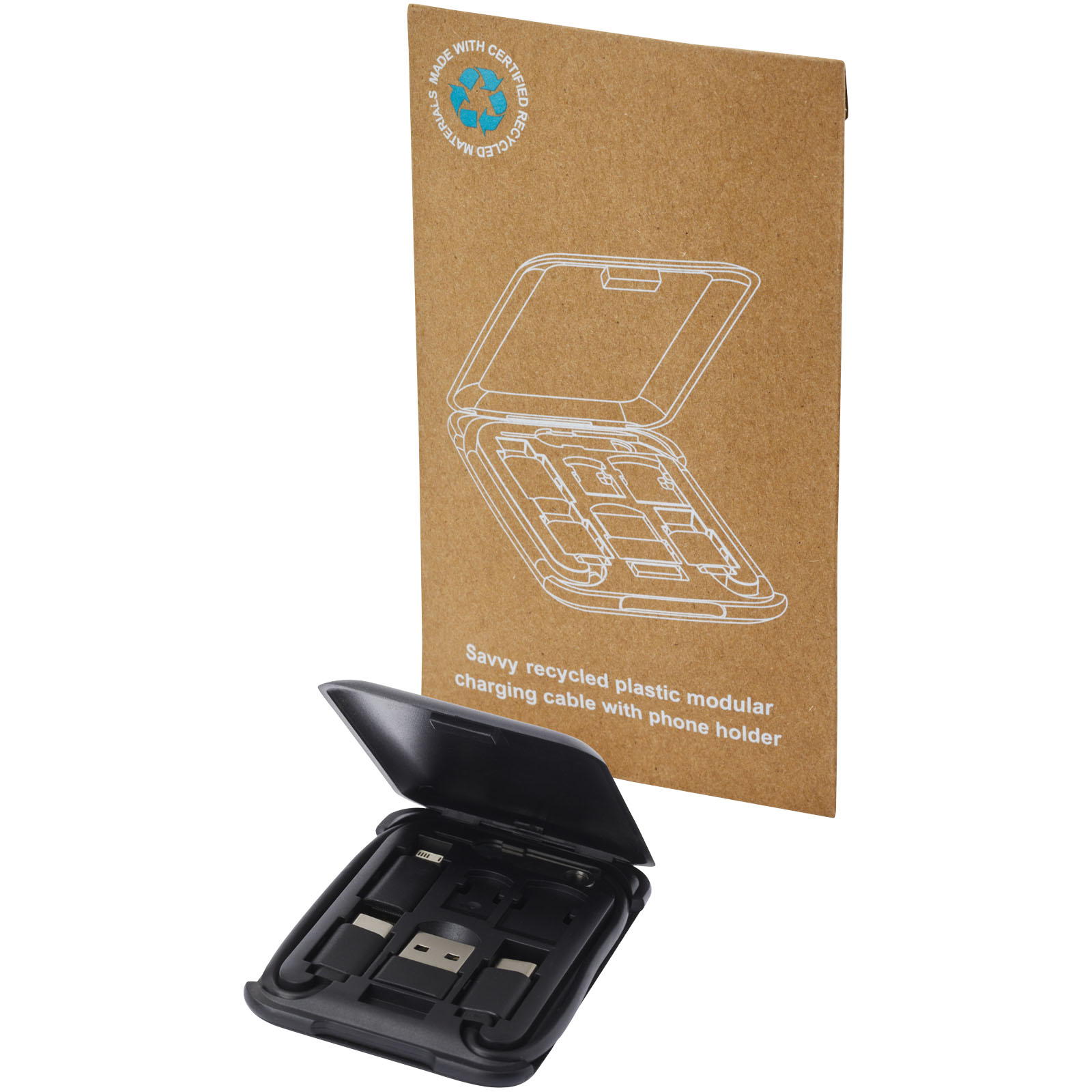 Savvy recycled plastic modular charging cable with phone holder
