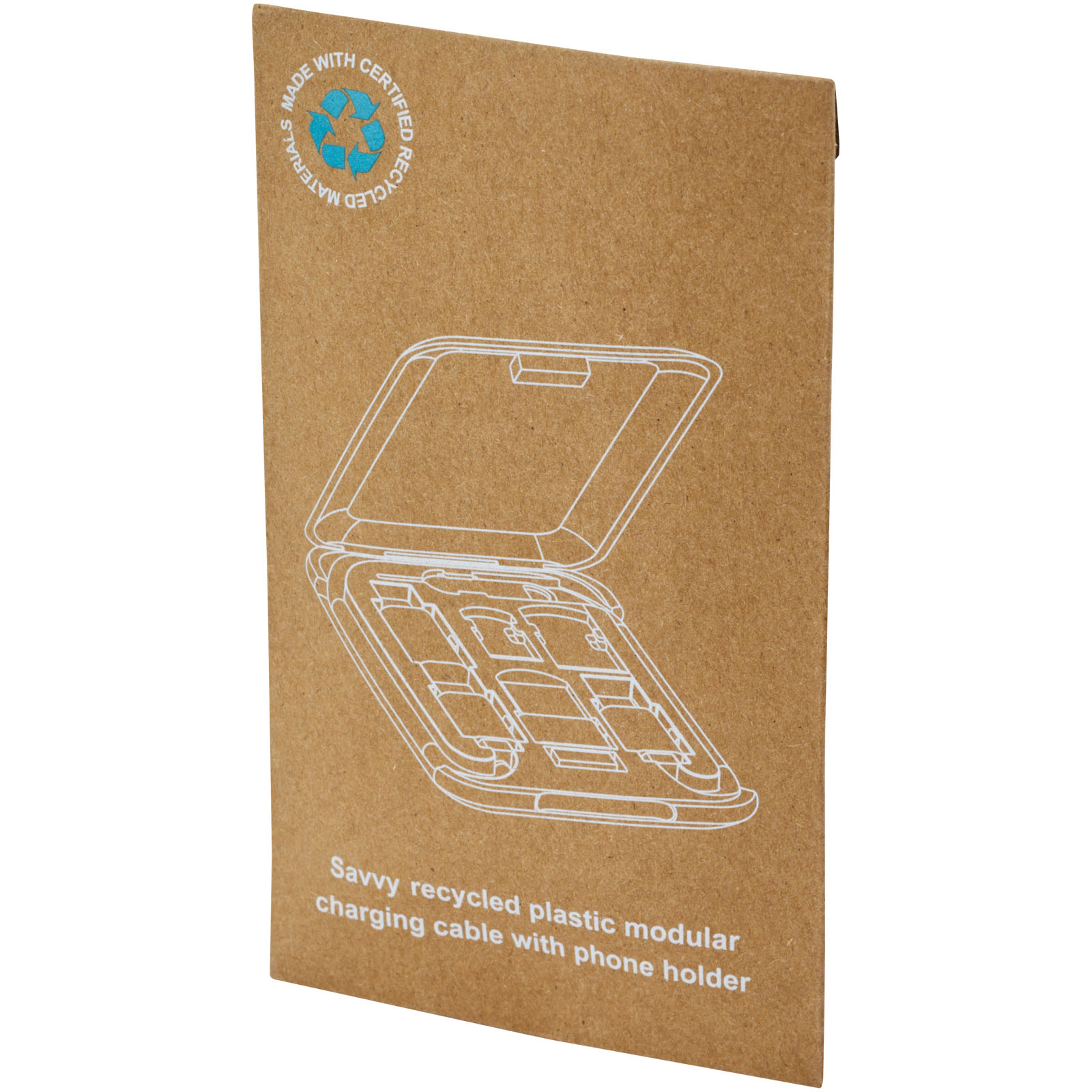 Savvy recycled plastic modular charging cable with phone holder