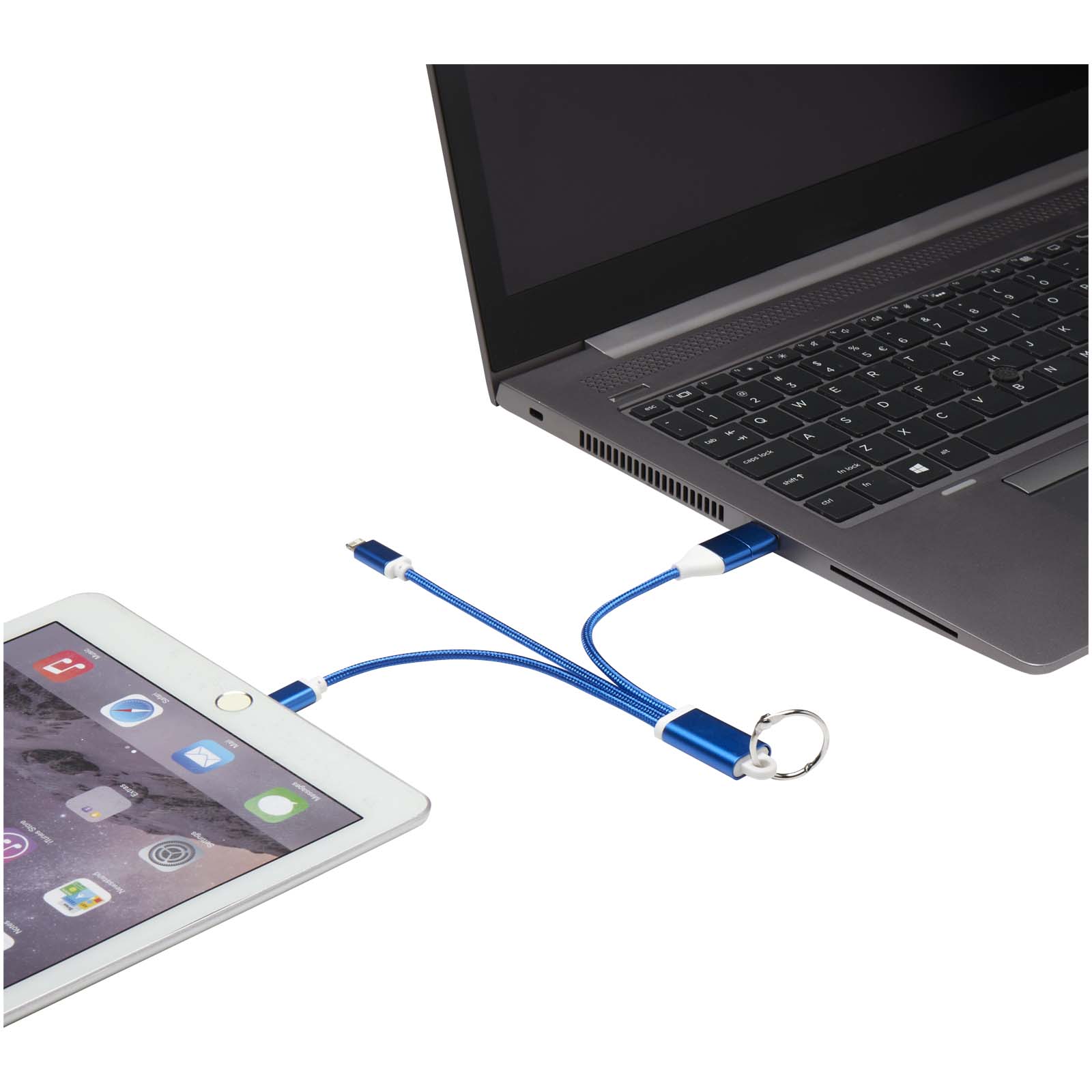 Metal 4-in-1 recycled aluminium charging cable with keychain