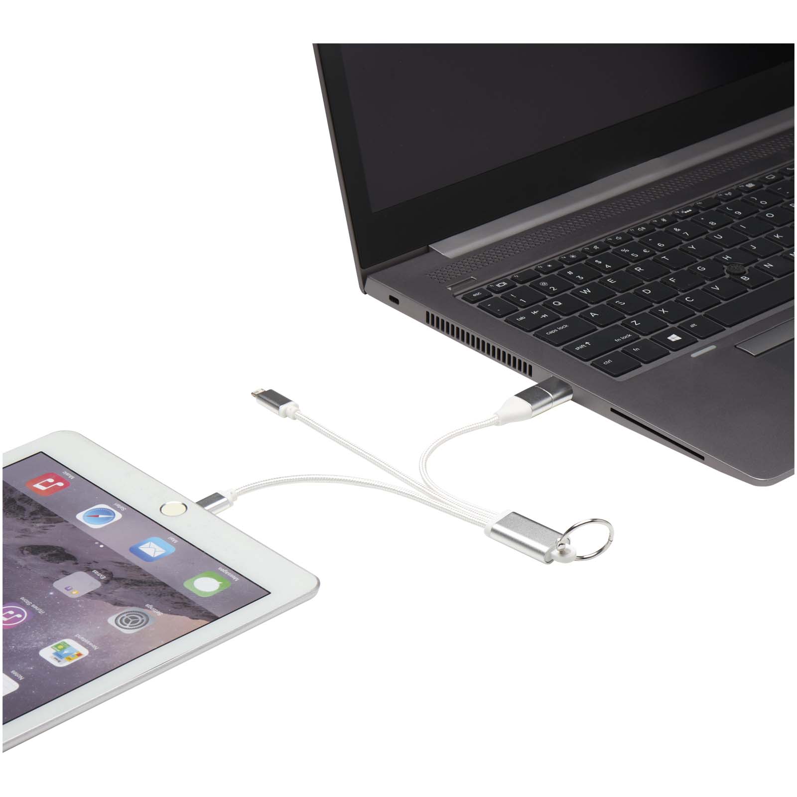 Metal 4-in-1 recycled aluminium charging cable with keychain