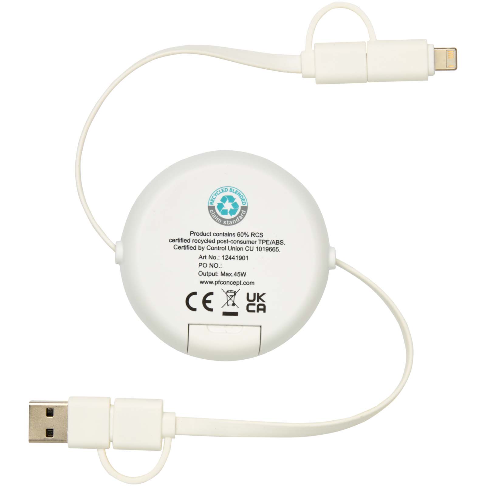 Chechia 5-in-1 recycled plastic 100 cm retractable data sync and 45W fast charge cable