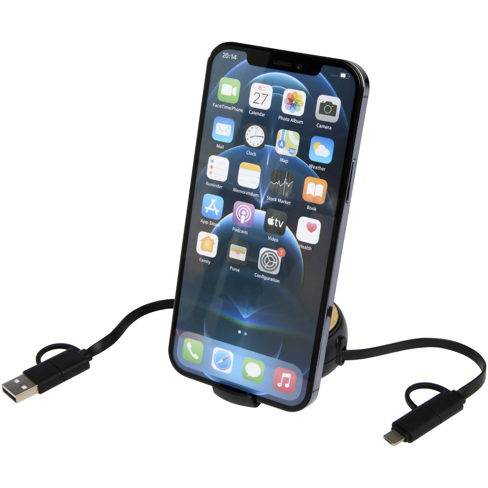 Chechia 5-in-1 recycled plastic 100 cm retractable data sync and 45W fast charge cable