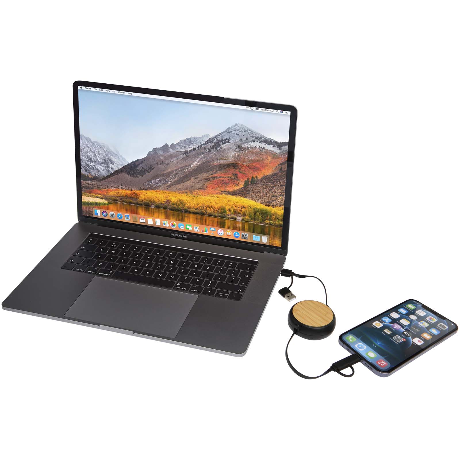 Chechia 5-in-1 recycled plastic 100 cm retractable data sync and 45W fast charge cable
