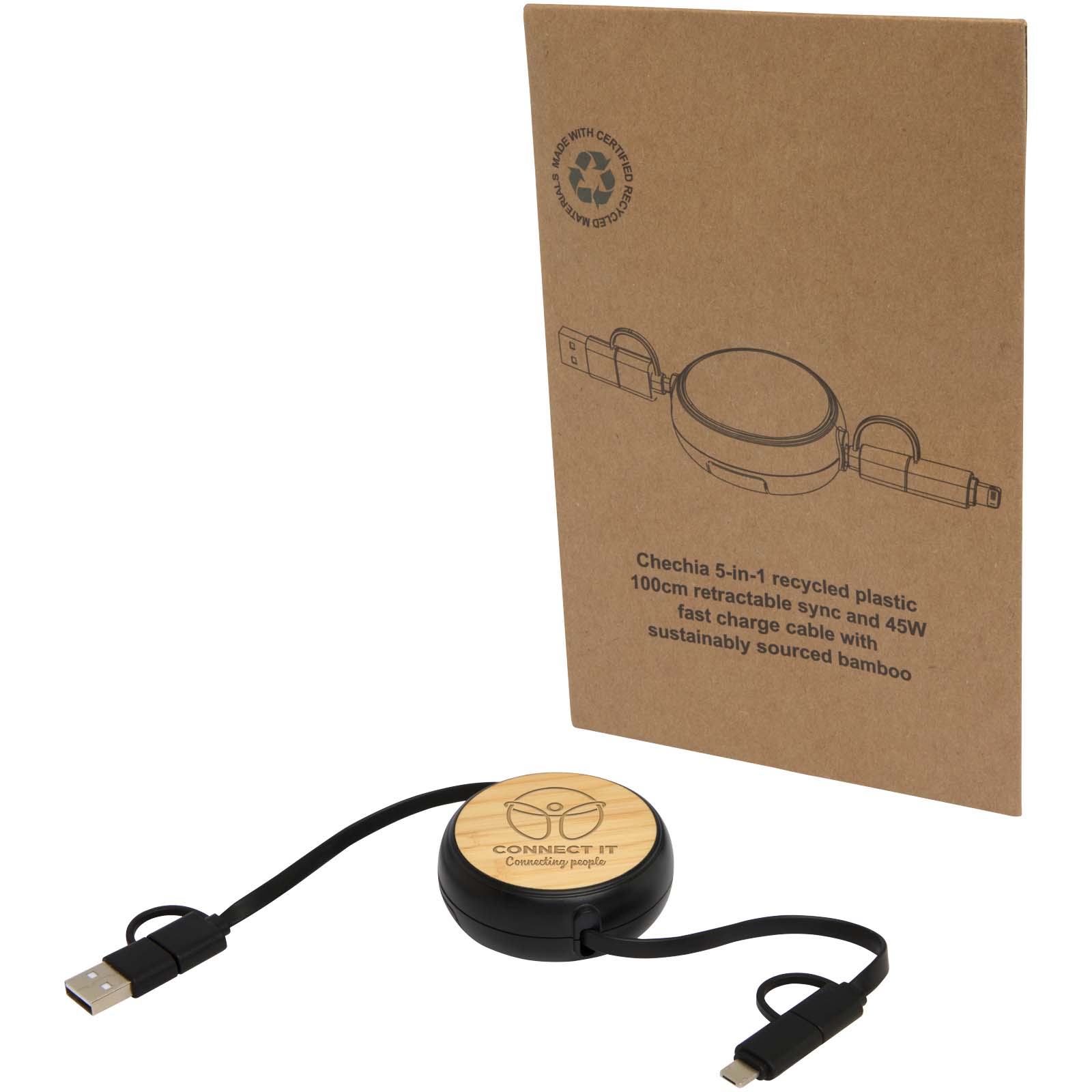 Chechia 5-in-1 recycled plastic 100 cm retractable data sync and 45W fast charge cable