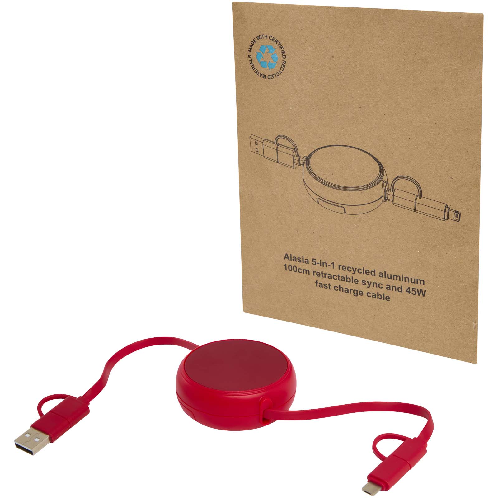 Alasia 5-in-1 100 cm recycled plastic and aluminium retractable data sync and 45W fast charge cable