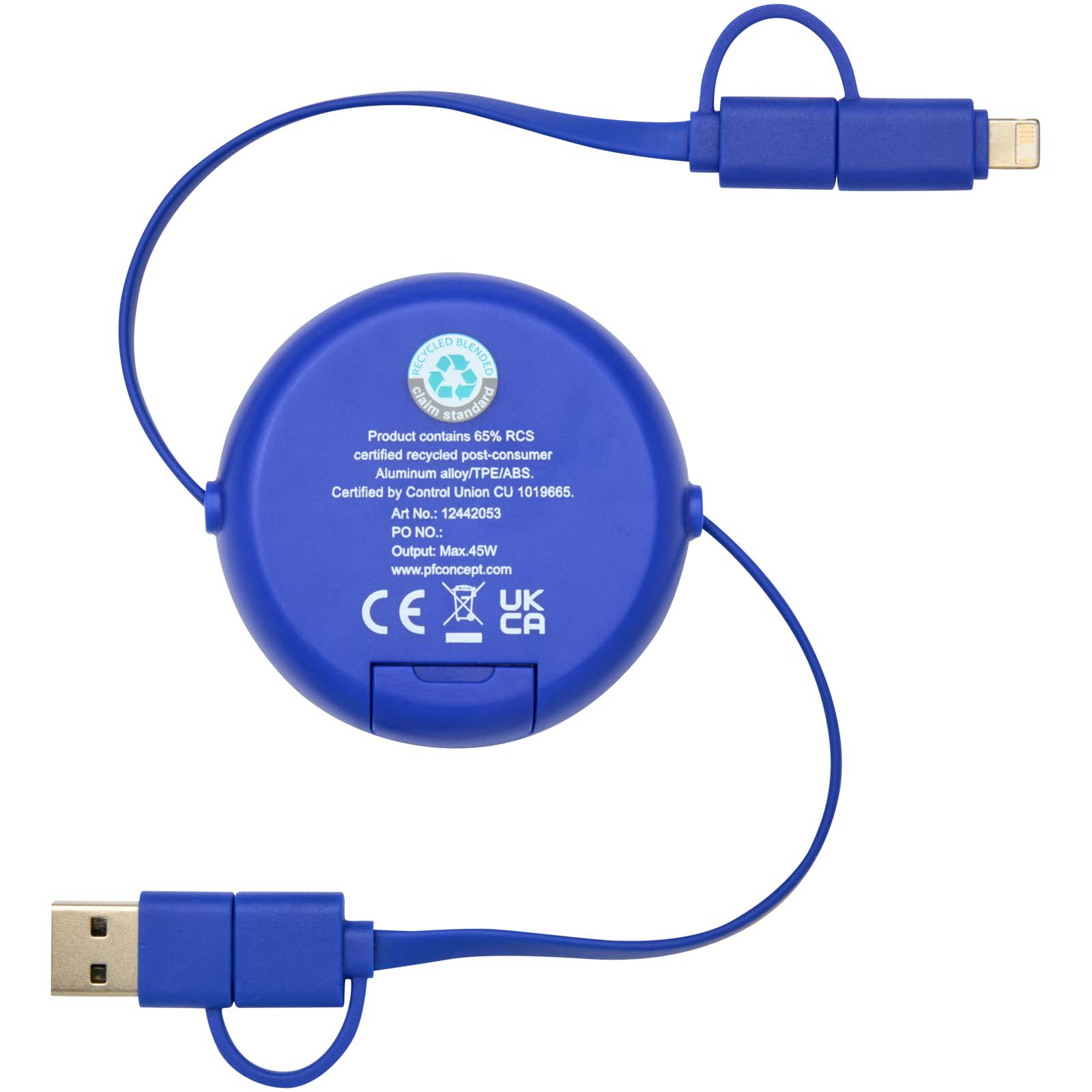 Alasia 5-in-1 100 cm recycled plastic and aluminium retractable data sync and 45W fast charge cable