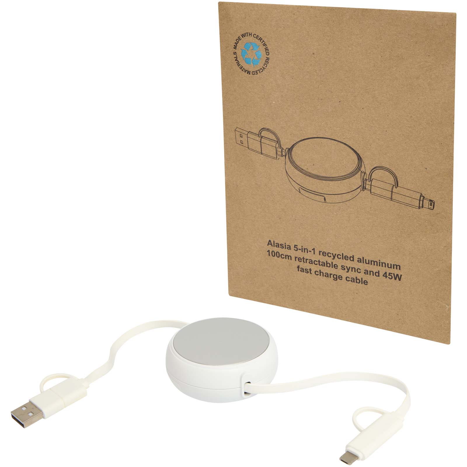 Alasia 5-in-1 100 cm recycled plastic and aluminium retractable data sync and 45W fast charge cable