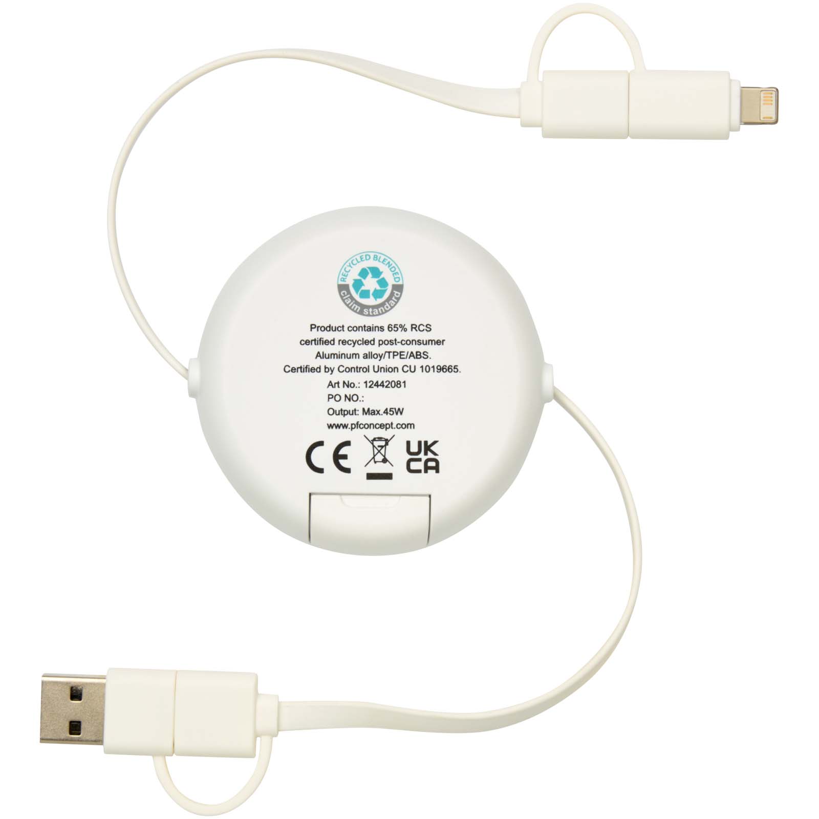 Alasia 5-in-1 100 cm recycled plastic and aluminium retractable data sync and 45W fast charge cable