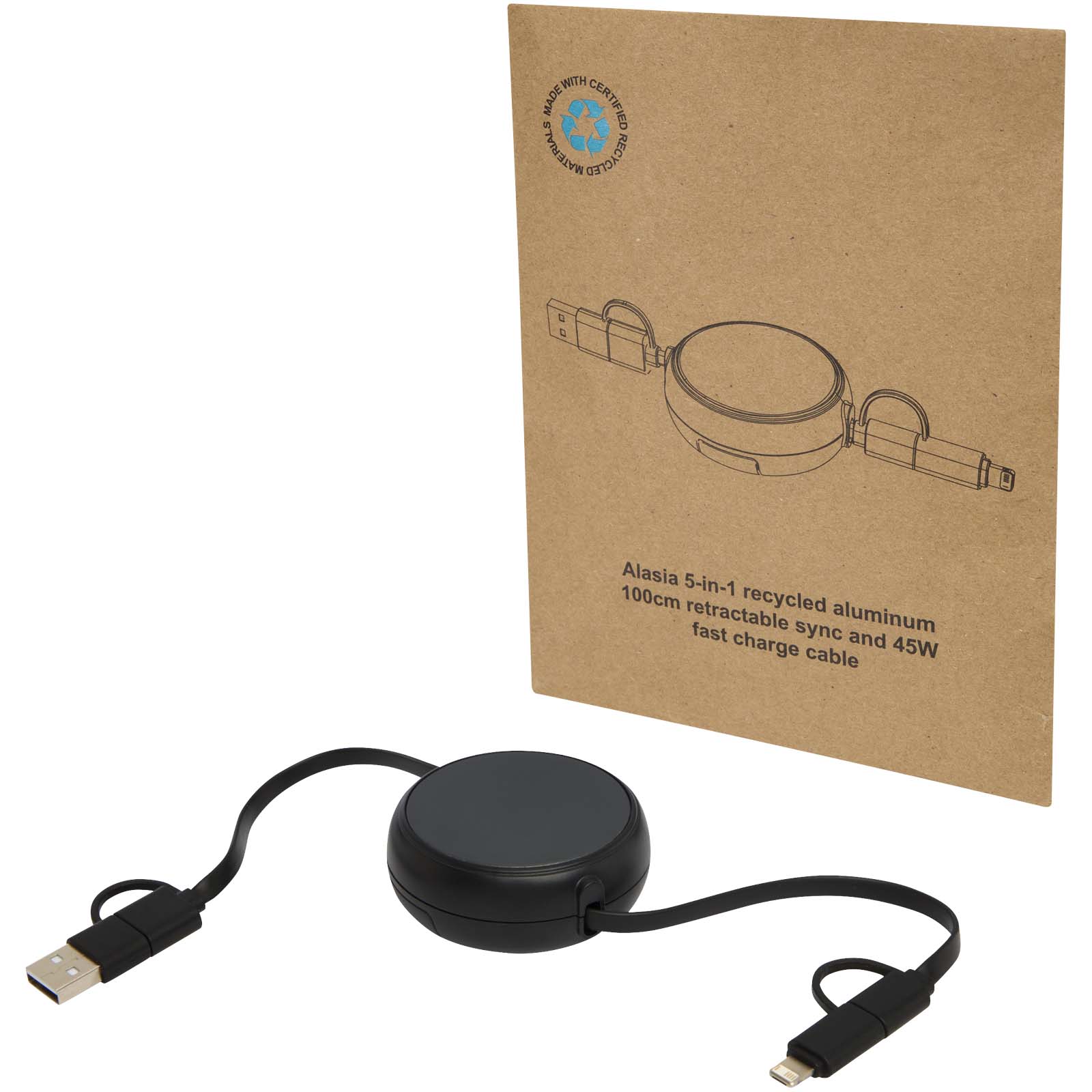 Alasia 5-in-1 100 cm recycled plastic and aluminium retractable data sync and 45W fast charge cable