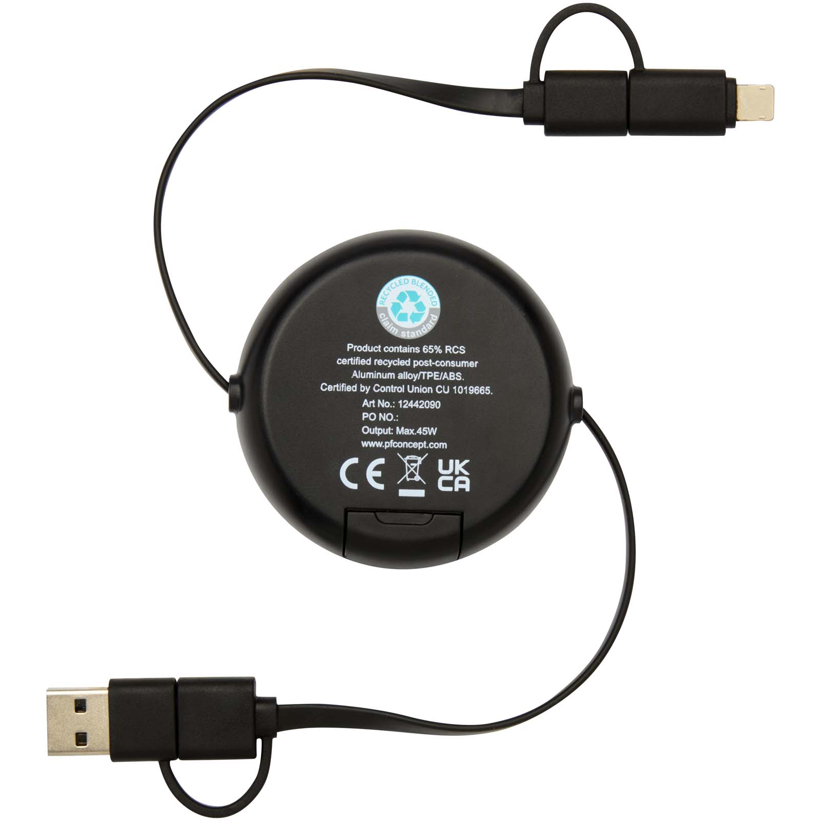 Alasia 5-in-1 100 cm recycled plastic and aluminium retractable data sync and 45W fast charge cable