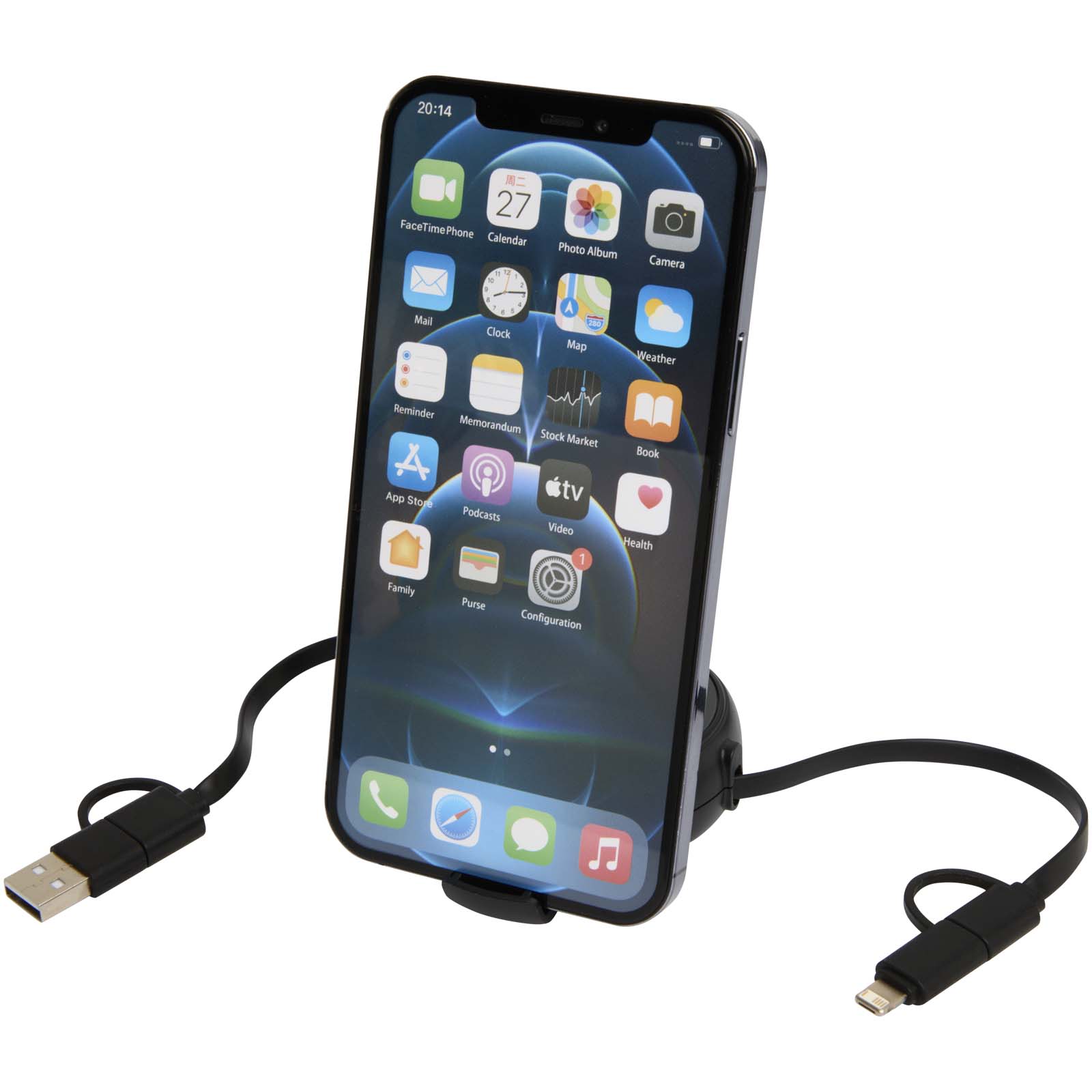 Alasia 5-in-1 100 cm recycled plastic and aluminium retractable data sync and 45W fast charge cable