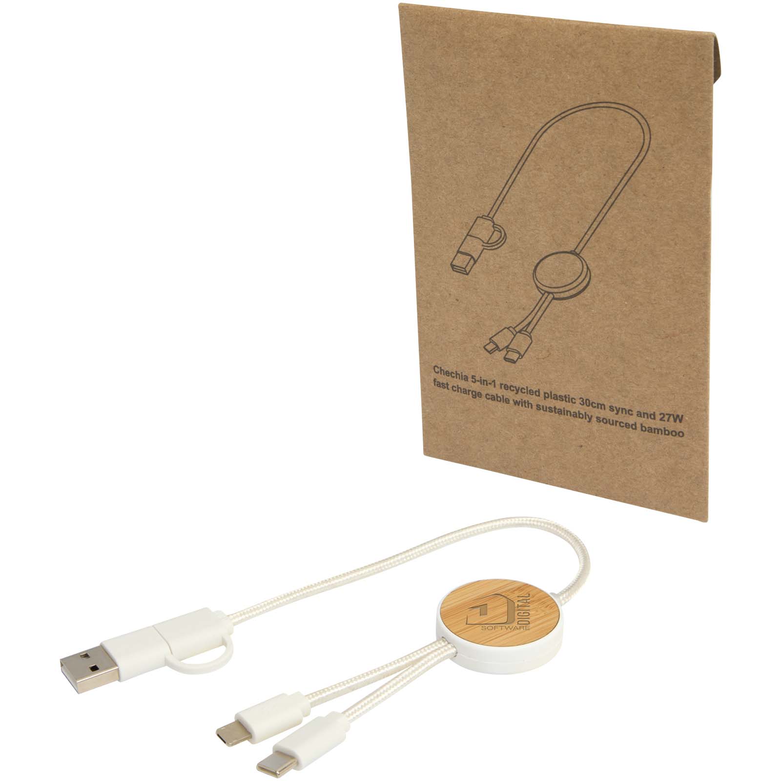 Chechia 5-in-1 recycled plastic 30 cm data sync and 27W fast charge cable with bamboo details