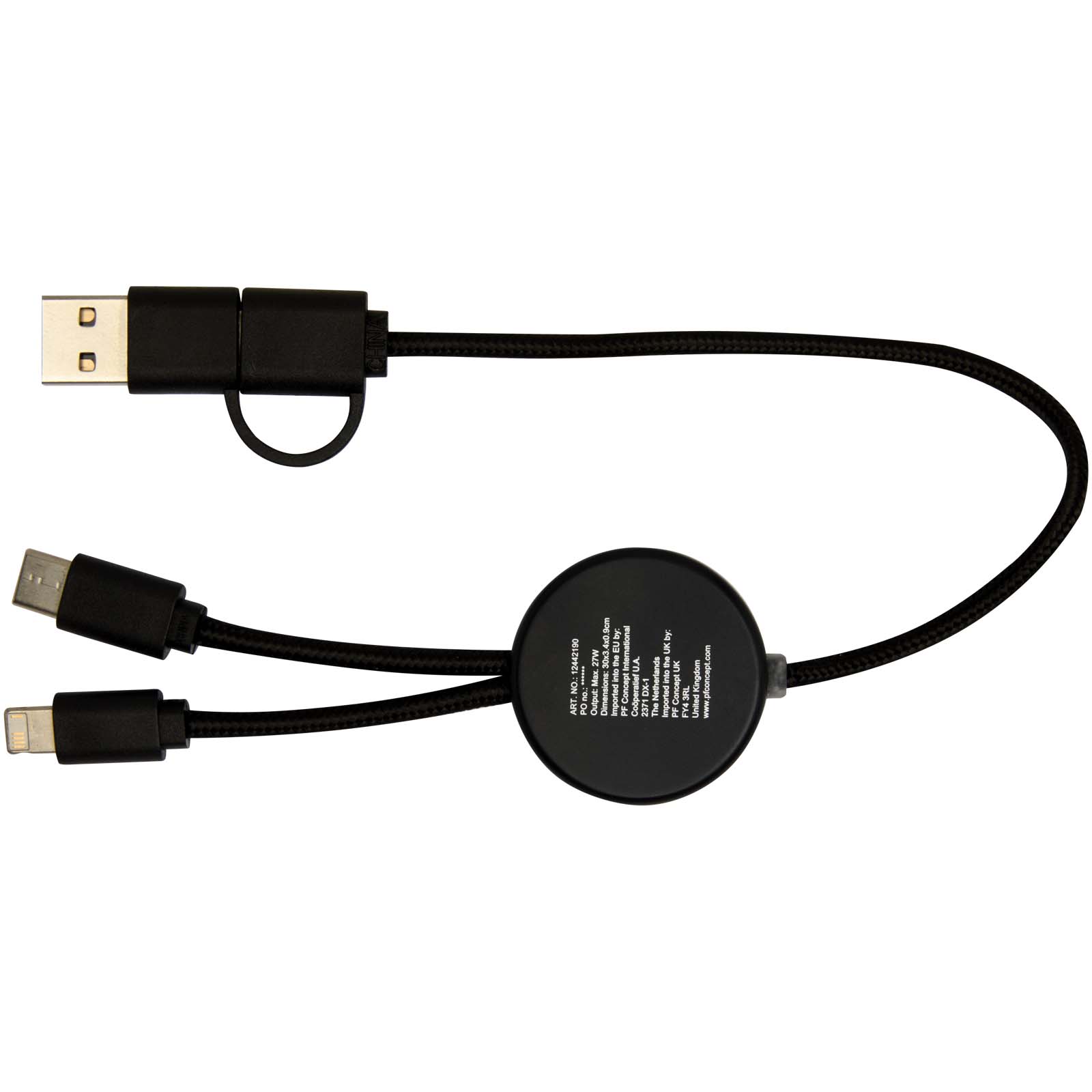 Chechia 5-in-1 recycled plastic 30 cm data sync and 27W fast charge cable with bamboo details