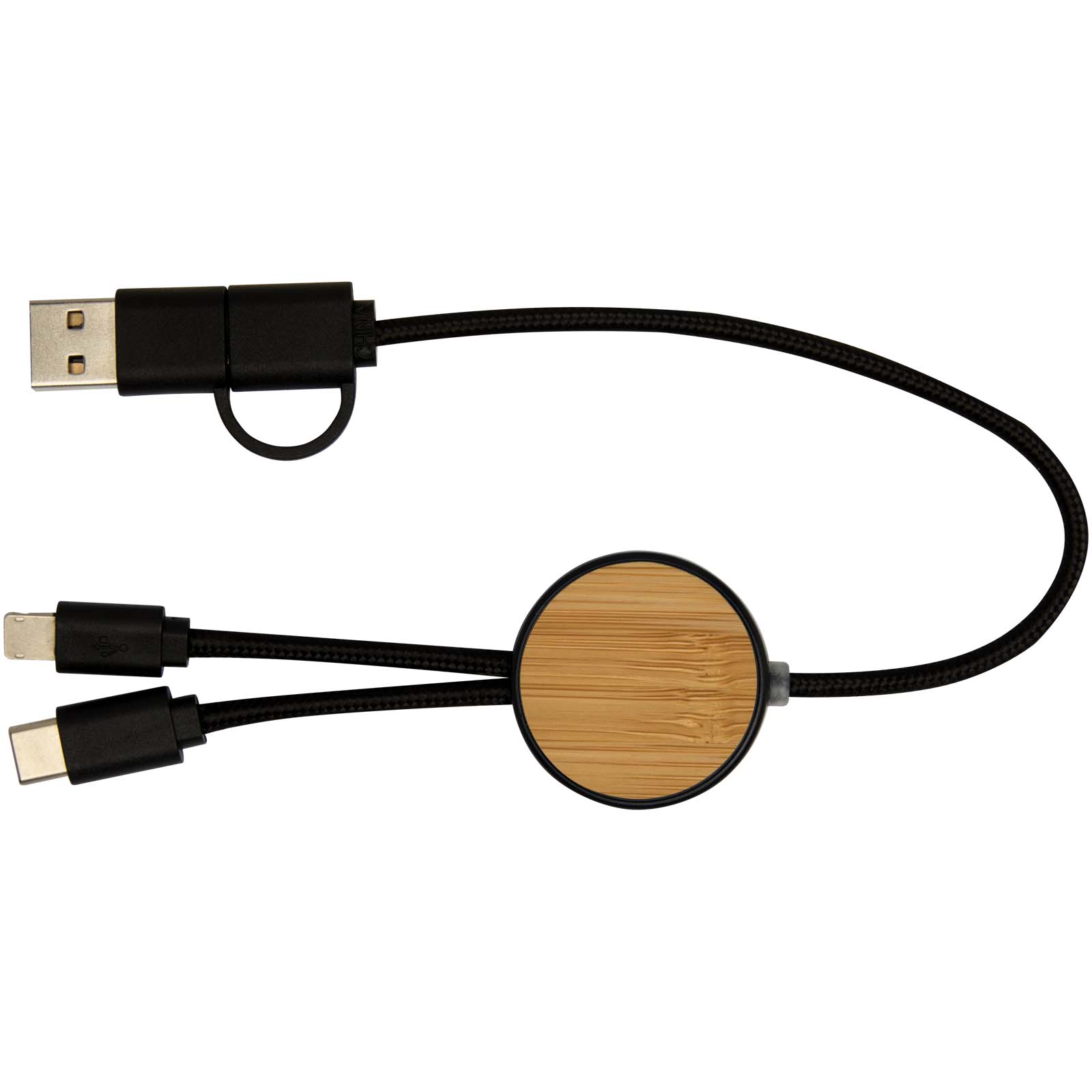 Chechia 5-in-1 recycled plastic 30 cm data sync and 27W fast charge cable with bamboo details