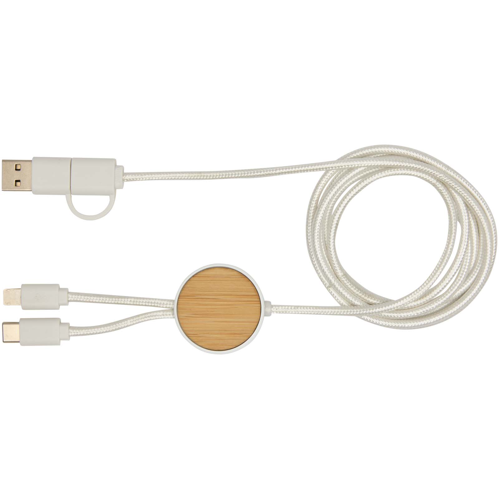 Chechia 5-in-1 recycled plastic 150 cm data sync and 27W fast charge cable with bamboo details