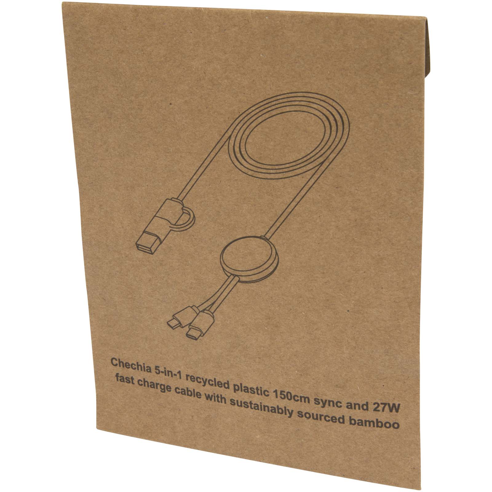 Chechia 5-in-1 recycled plastic 150 cm data sync and 27W fast charge cable with bamboo details