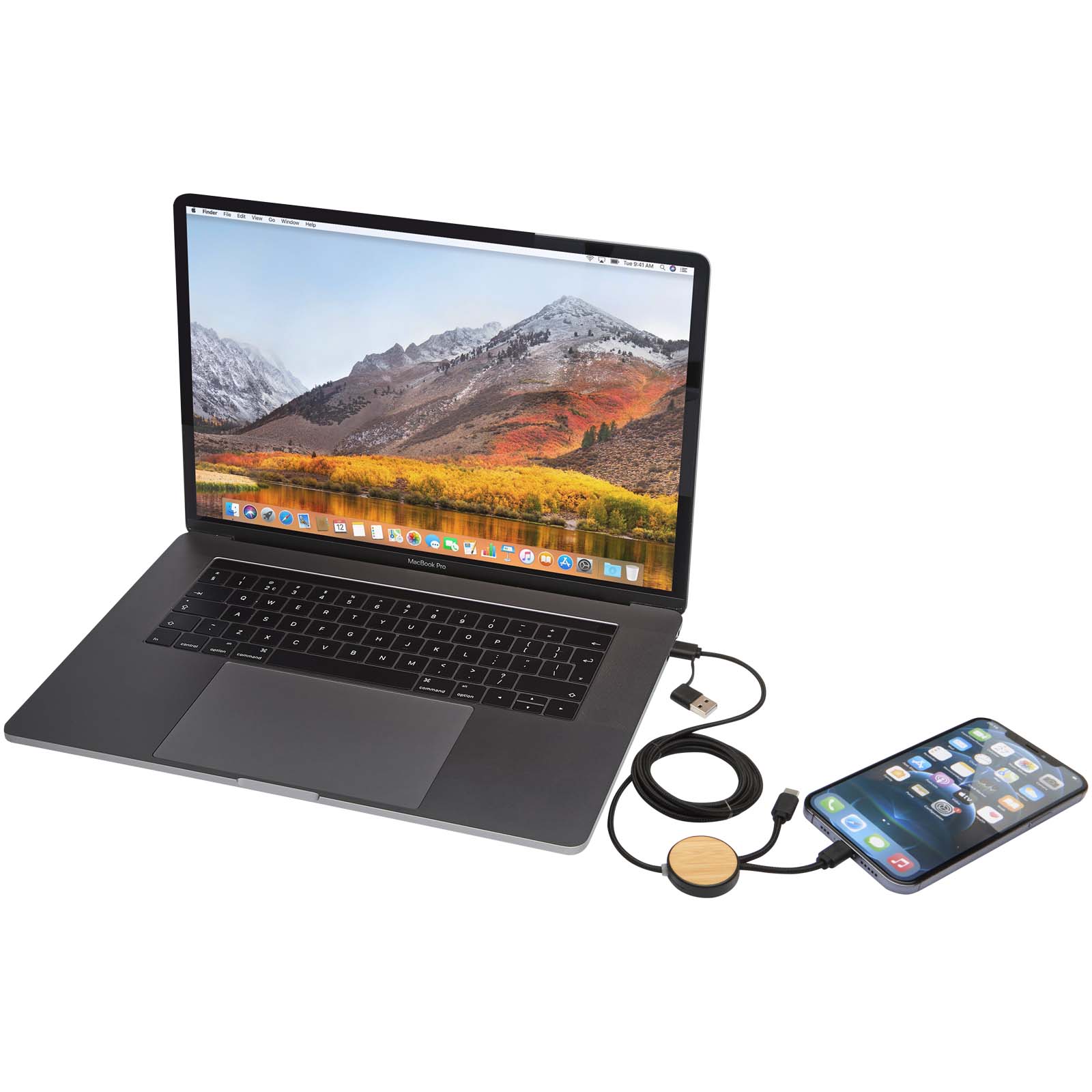 Chechia 5-in-1 recycled plastic 150 cm data sync and 27W fast charge cable with bamboo details