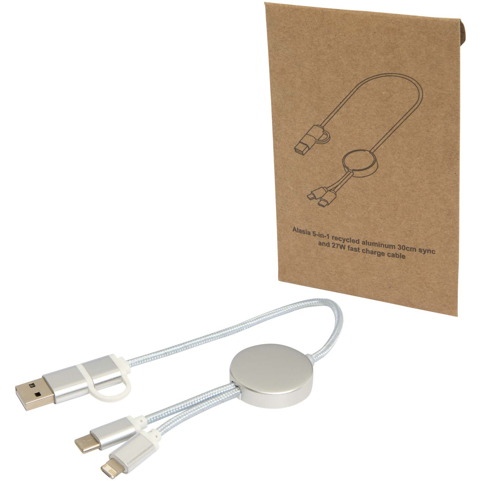 Alasia 5-in-1 recycled aluminium and plastic 30 cm data sync and 27W fast charge cable