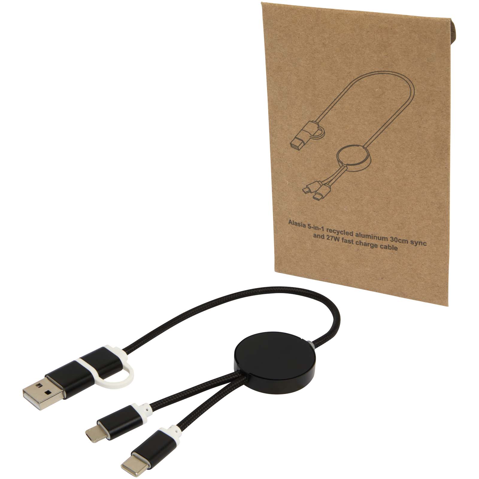 Alasia 5-in-1 recycled aluminium and plastic 30 cm data sync and 27W fast charge cable