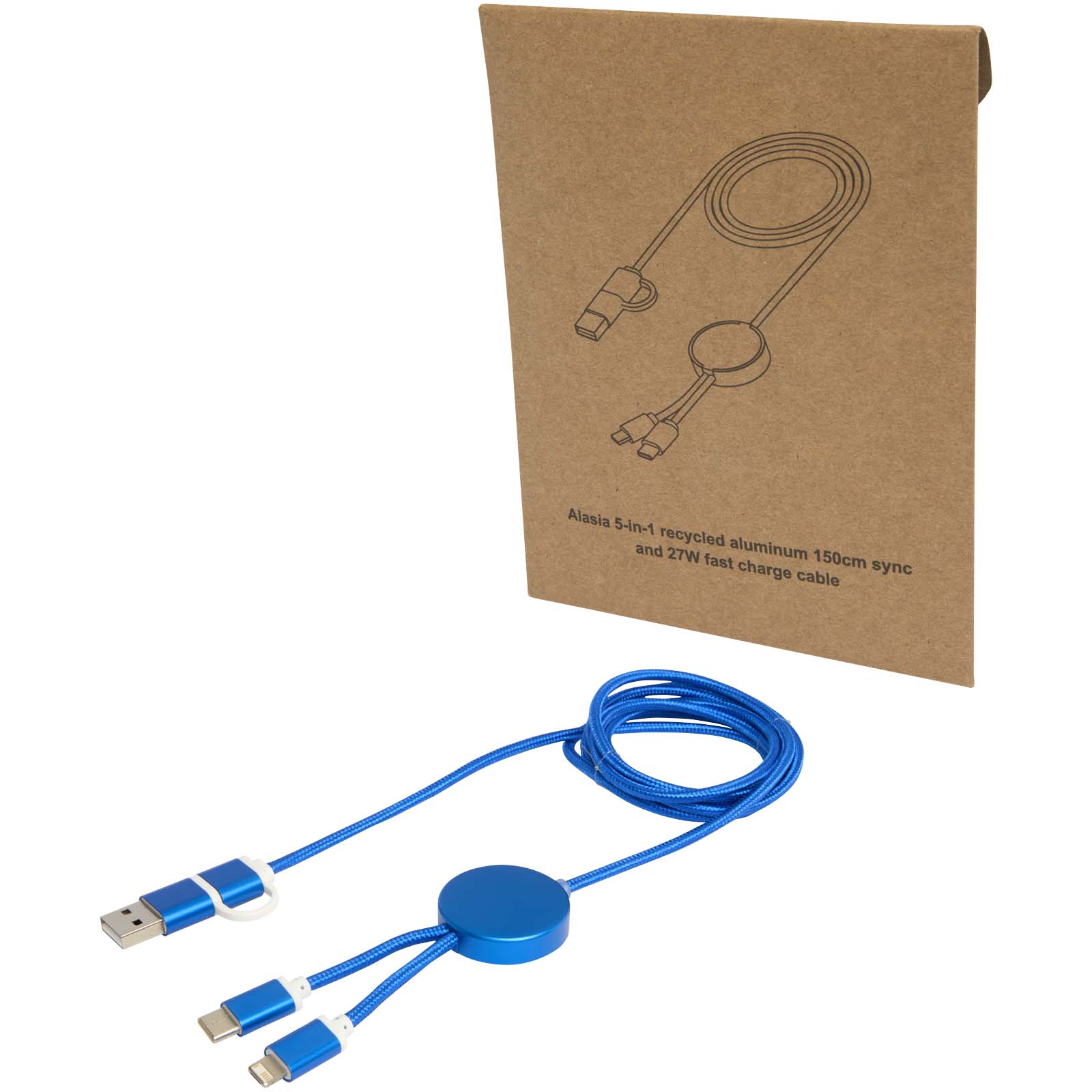 Alasia 5-in-1 recycled aluminium and plastic 150 cm data sync and 27W fast charge cable