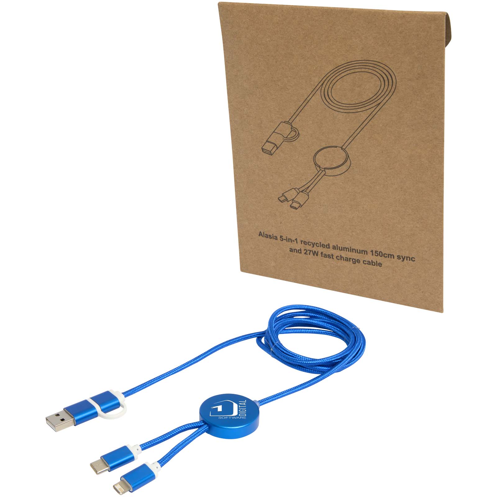 Alasia 5-in-1 recycled aluminium and plastic 150 cm data sync and 27W fast charge cable