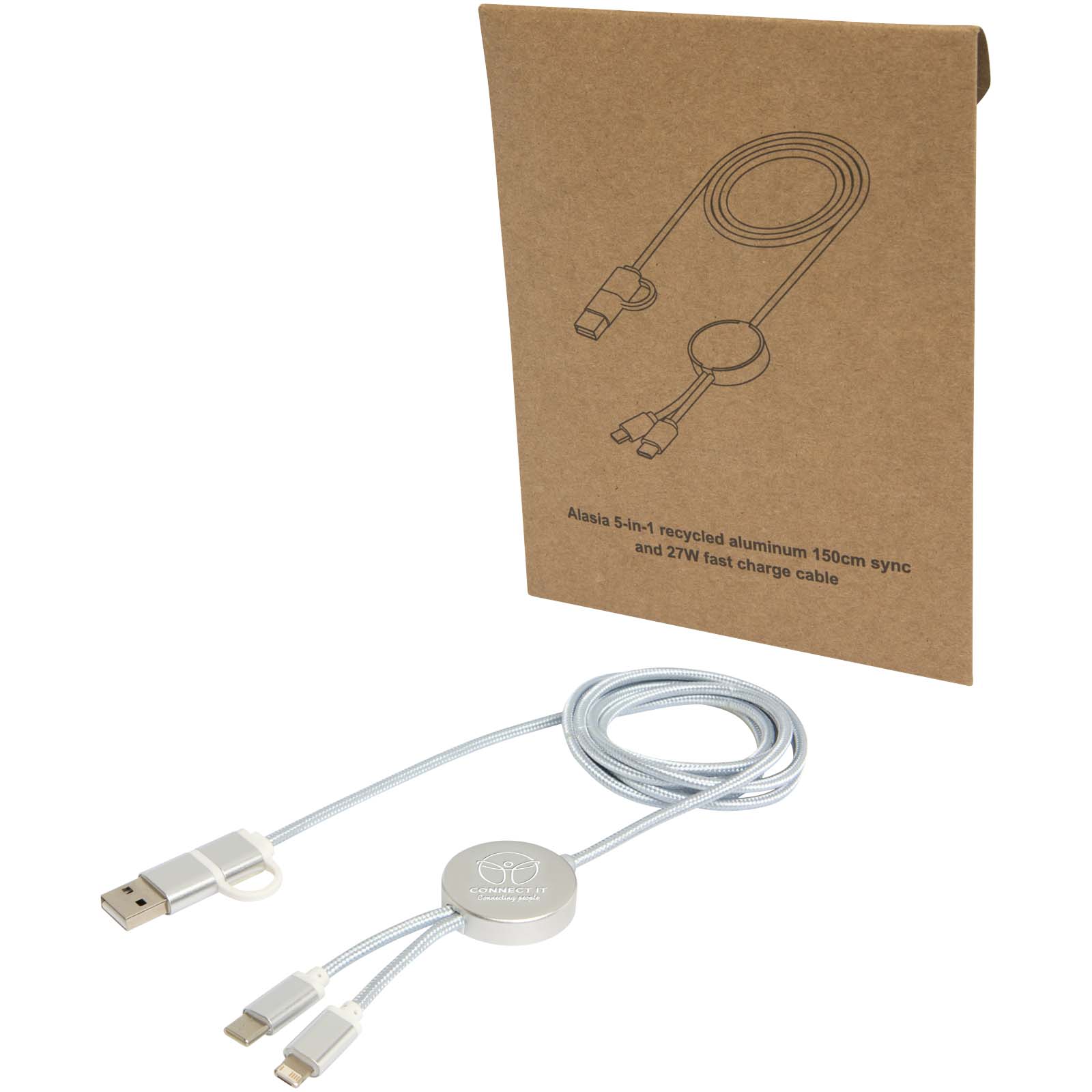 Alasia 5-in-1 recycled aluminium and plastic 150 cm data sync and 27W fast charge cable