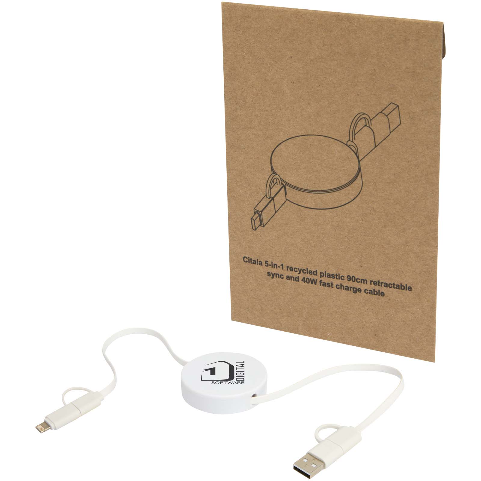 Citala 5-in-1 recycled plastic 90 cm retractable data sync and 40W fast charge cable