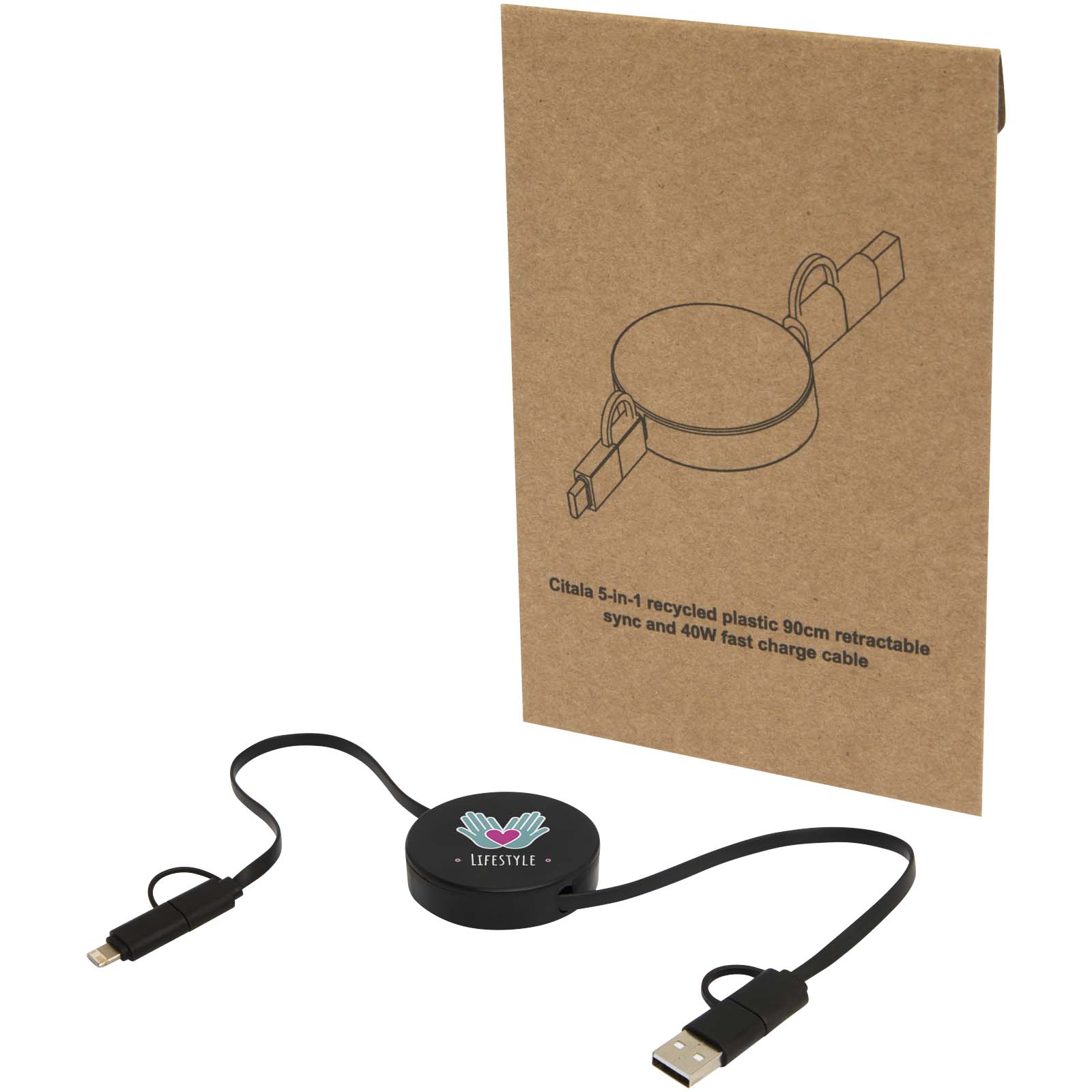 Citala 5-in-1 recycled plastic 90 cm retractable data sync and 40W fast charge cable