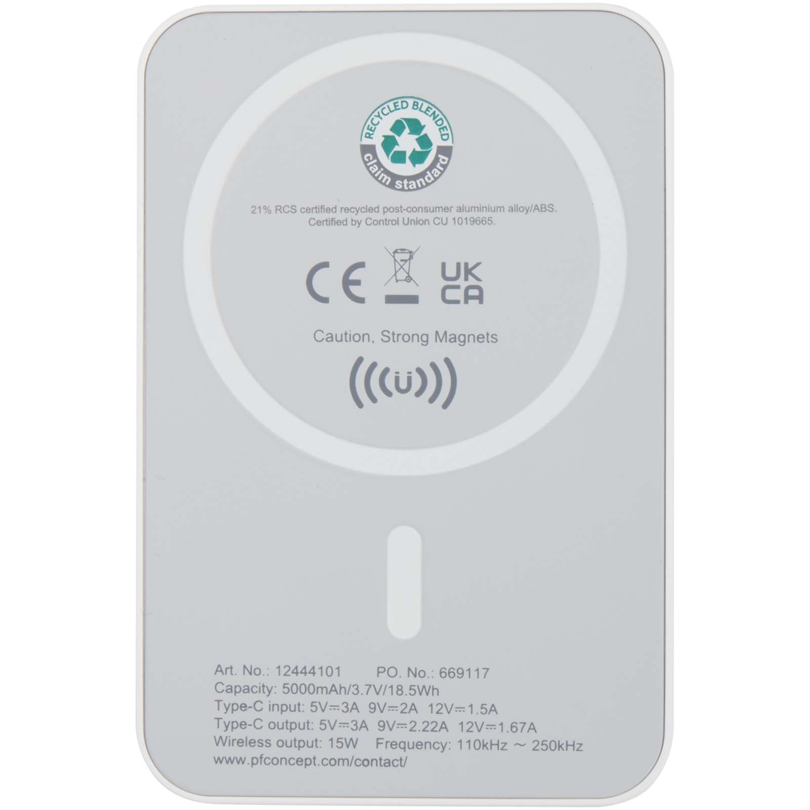 Acrab 5000 mAh 15W magnetic wireless power bank with 20W PD – made from recycled plastic