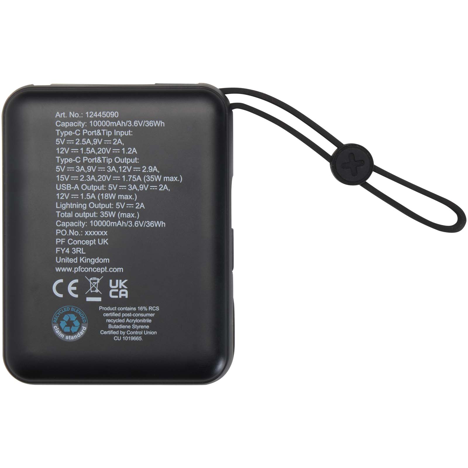 Acrux 10.000 mAh 35W tablet power bank with built in Type-C cable – made from recycled plastic