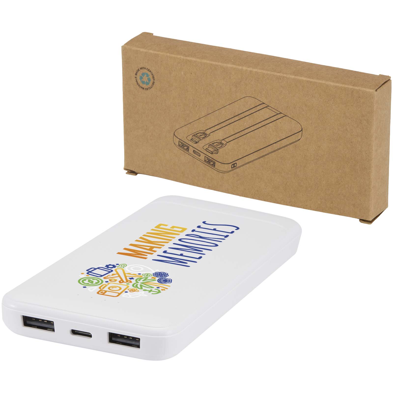 Adhil 10.000 mAh 10W recycled plastic power bank with 2 built-in cables