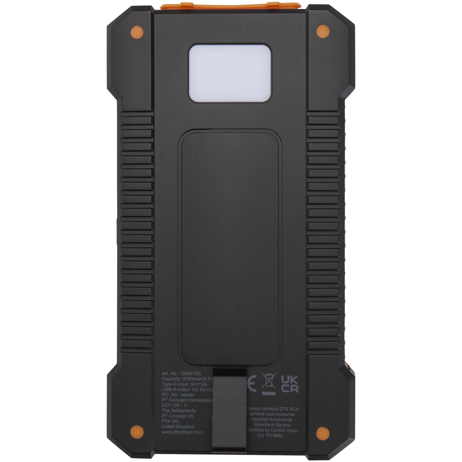Altair 5000 mAh 10W recycled plastic rugged solar power bank with built-in torch