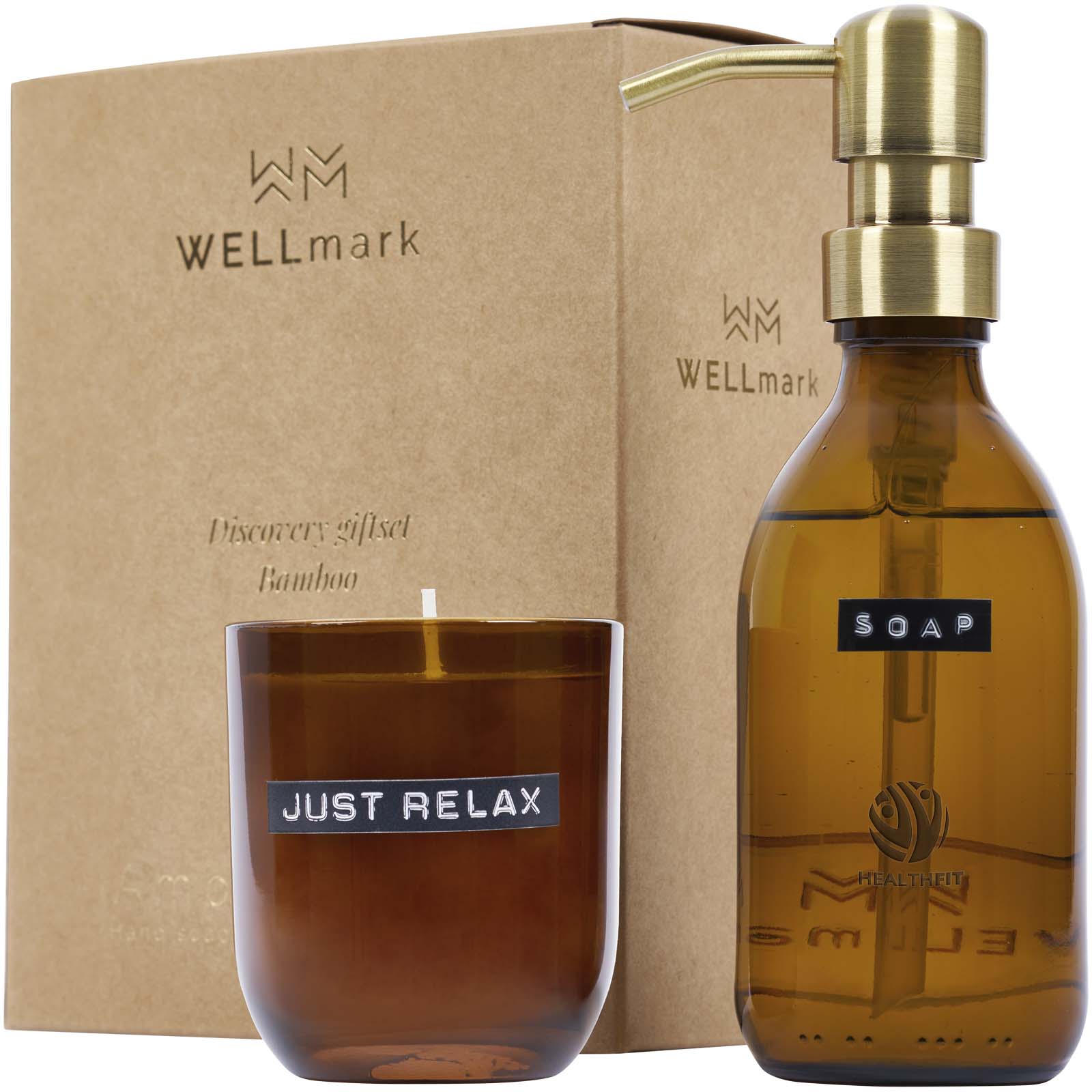 Wellmark Discovery 250 ml hand soap dispenser and 150 g scented candle set – bamboo fragrance