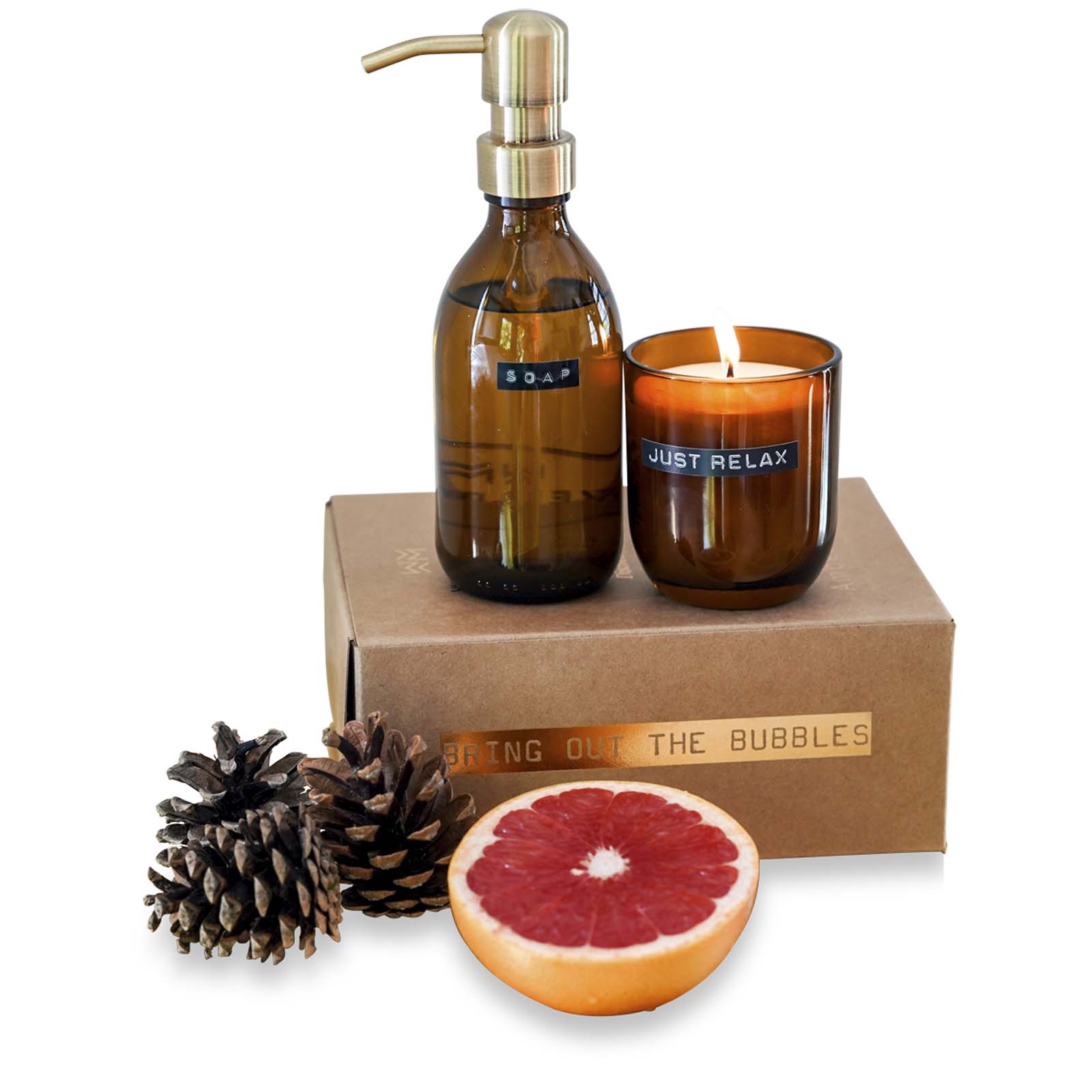Wellmark Discovery 250 ml hand soap dispenser and 150 g scented candle set – bamboo fragrance