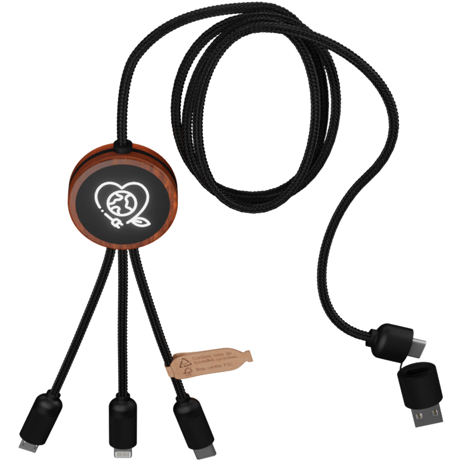 SCX.design C37 40W 5-in-1 rPET light-up logo charging cable with round wooden casing