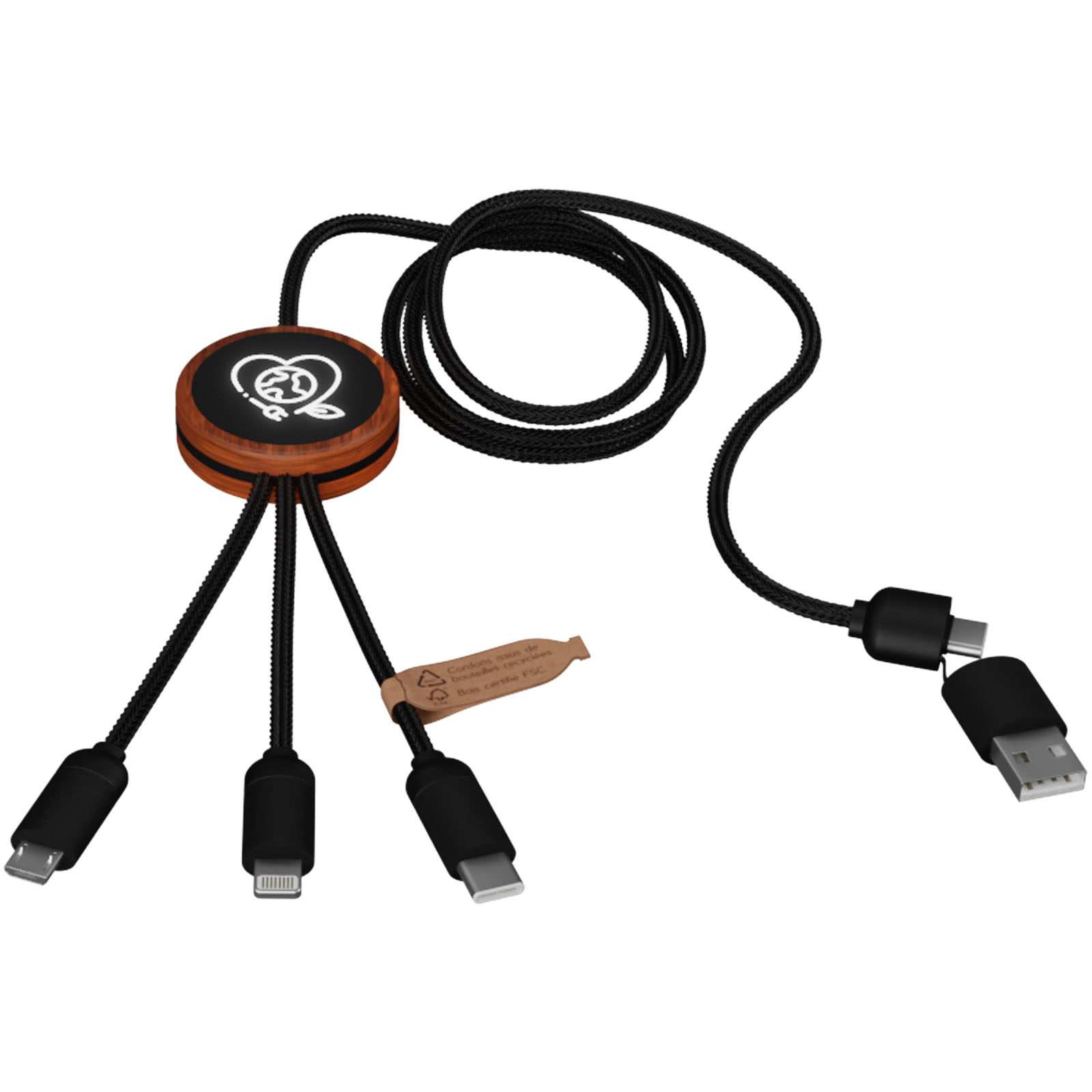 SCX.design C37 40W 5-in-1 rPET light-up logo charging cable with round wooden casing