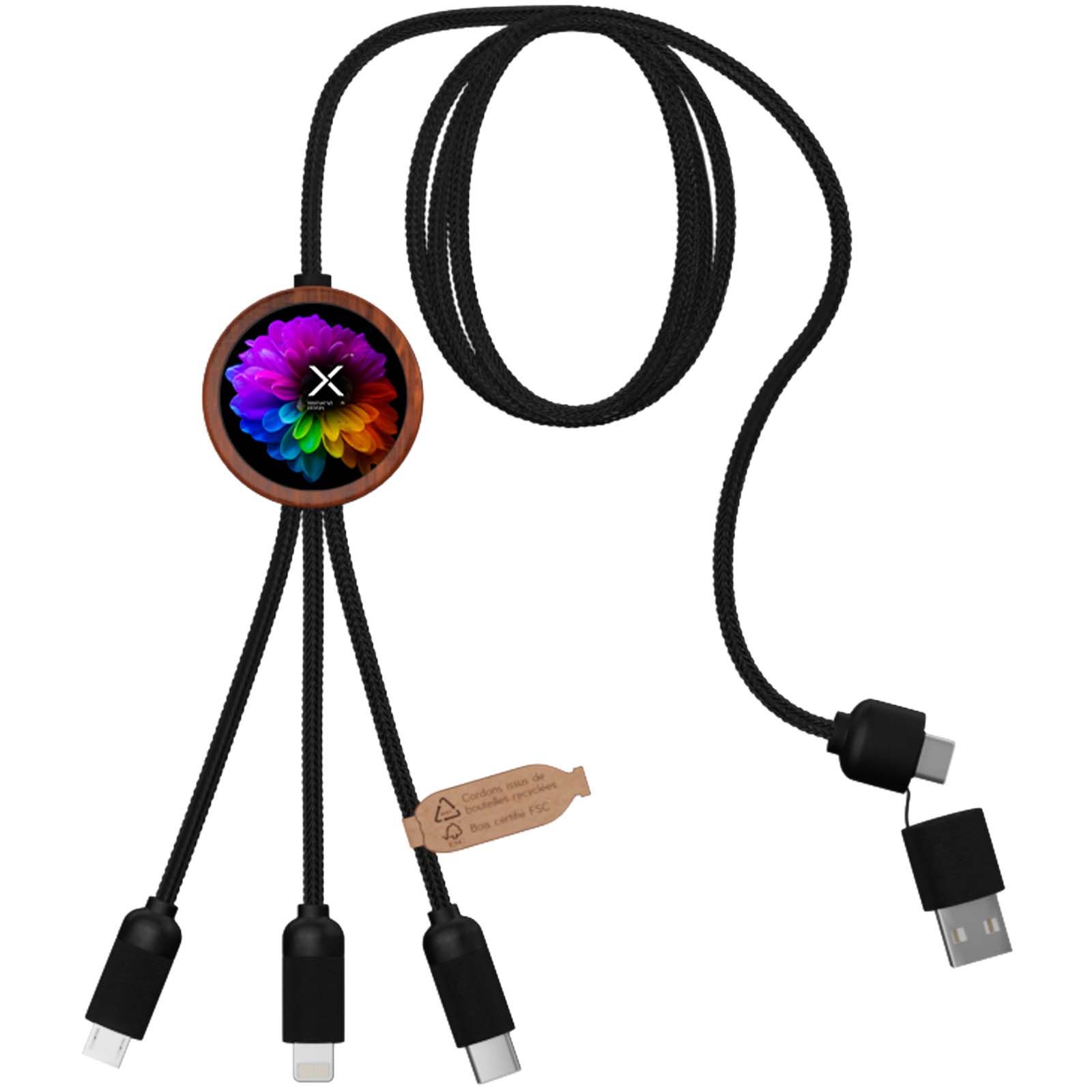 SCX.design C37 40W 5-in-1 rPET light-up logo charging cable with round wooden casing