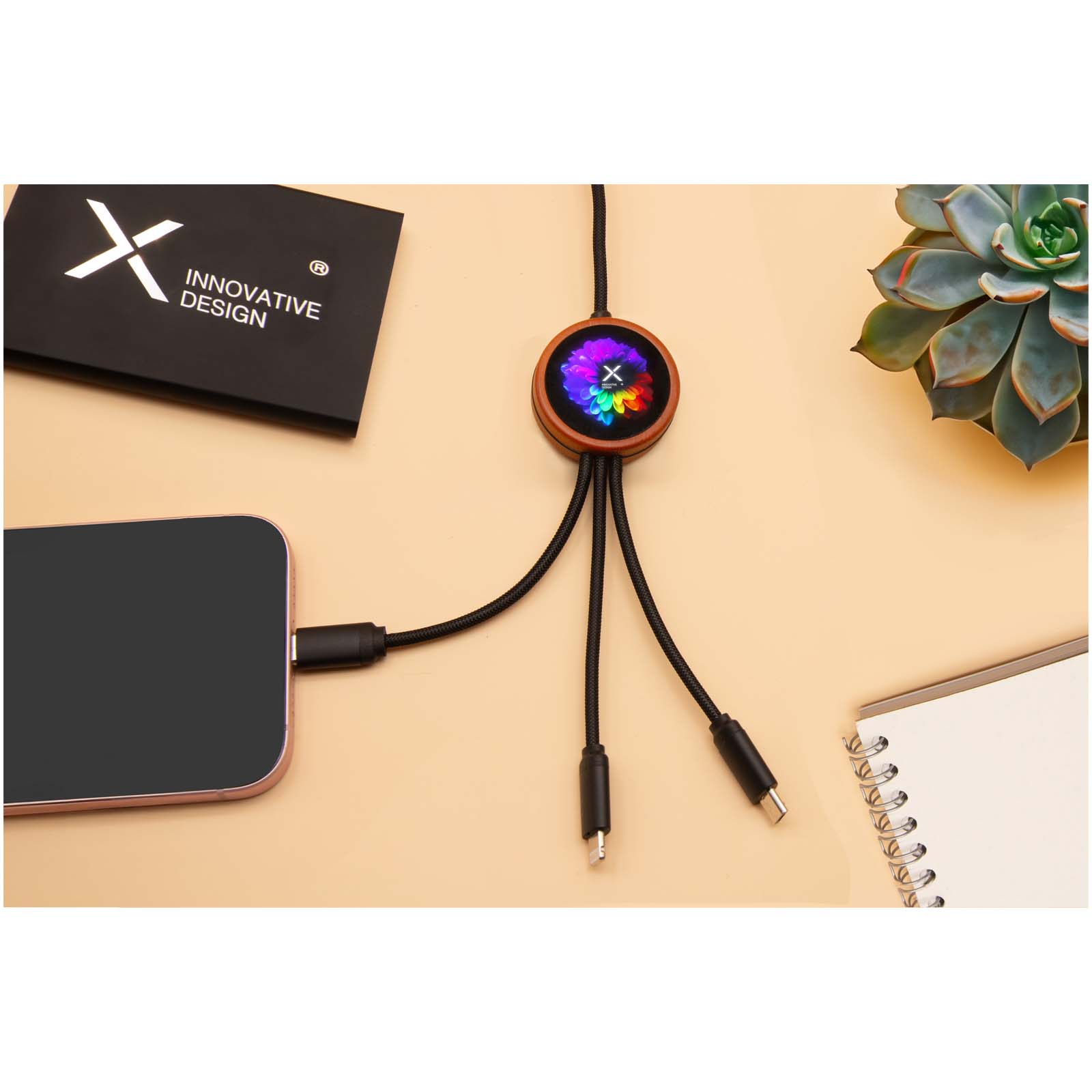 SCX.design C37 40W 5-in-1 rPET light-up logo charging cable with round wooden casing