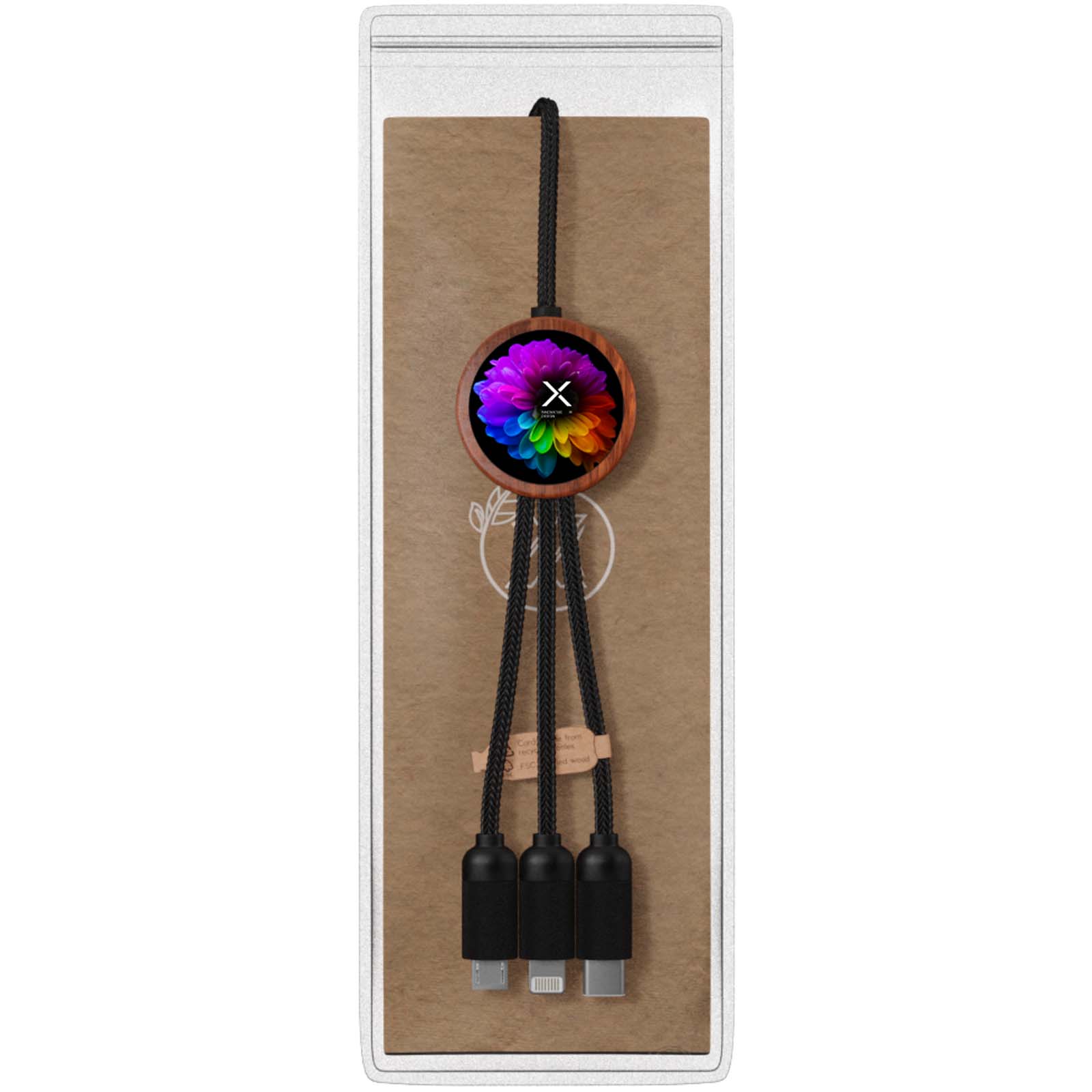 SCX.design C37 40W 5-in-1 rPET light-up logo charging cable with round wooden casing