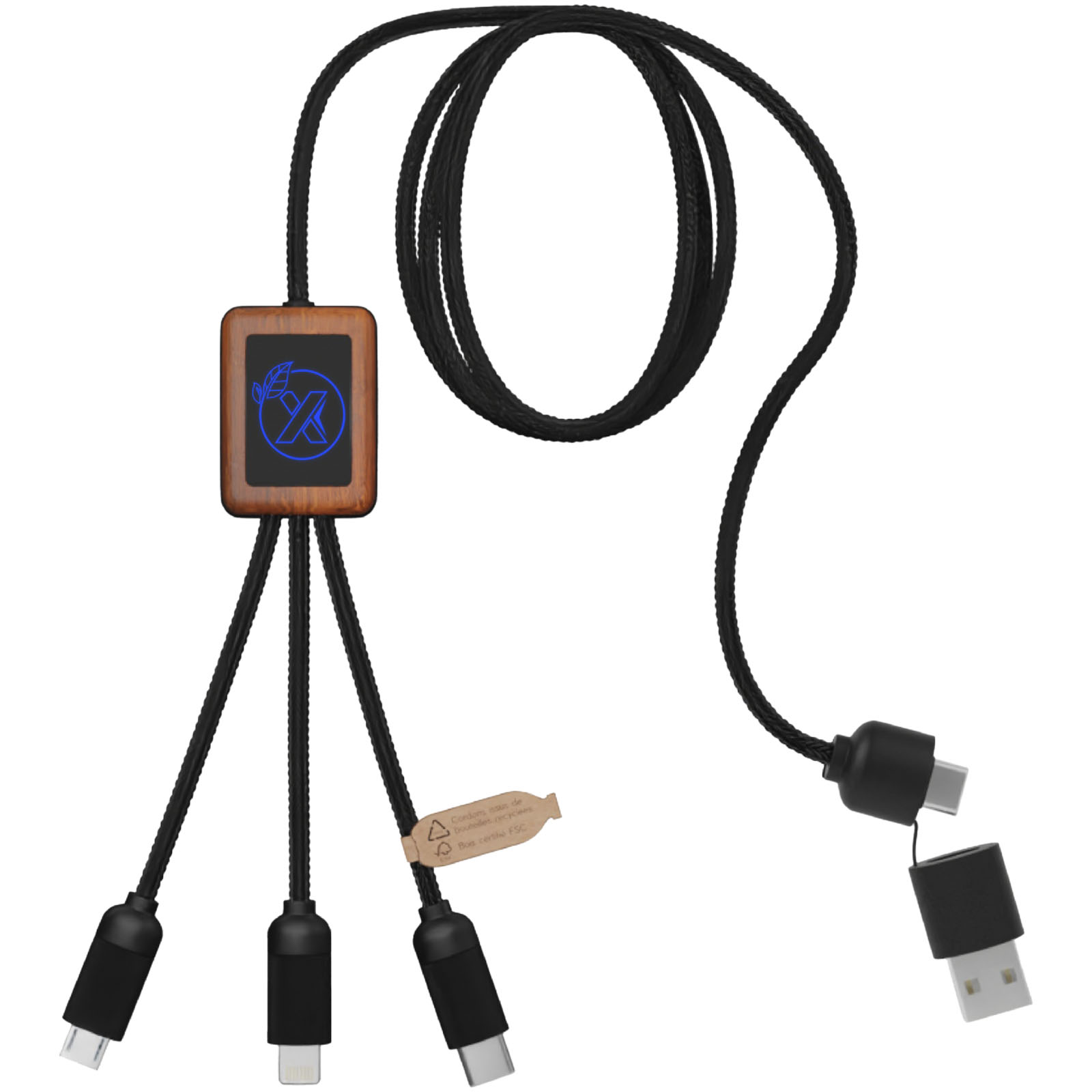 SCX.design C38 40W 5-in-1 rPET light-up logo charging cable with squared wooden casing