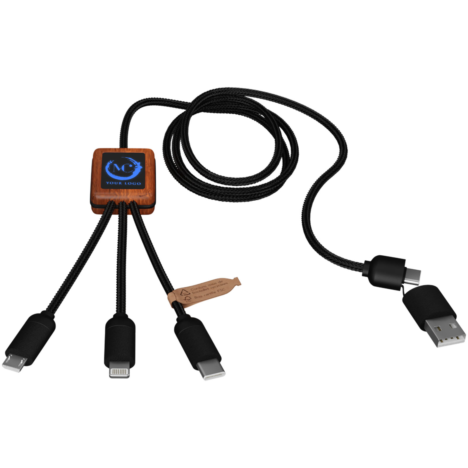 SCX.design C38 40W 5-in-1 rPET light-up logo charging cable with squared wooden casing