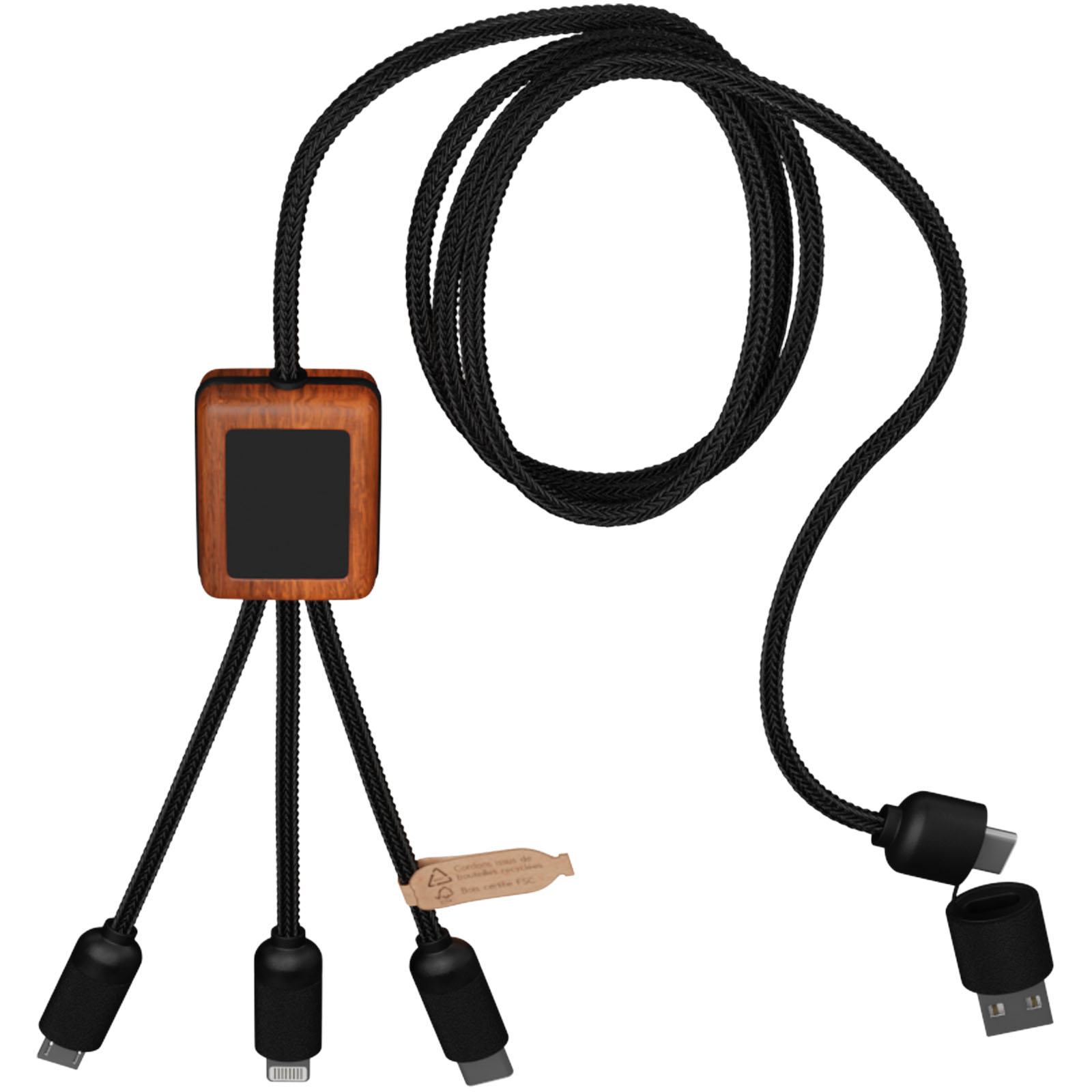 SCX.design C38 40W 5-in-1 rPET light-up logo charging cable with squared wooden casing