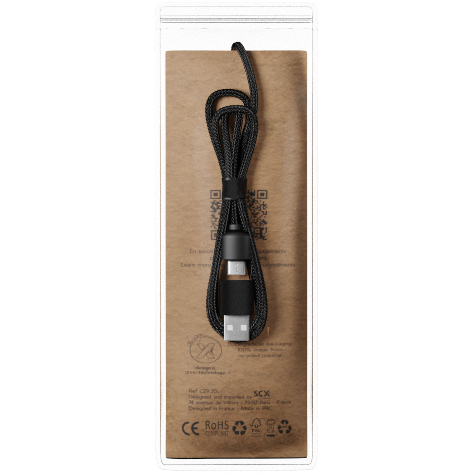 SCX.design C38 40W 5-in-1 rPET light-up logo charging cable with squared wooden casing