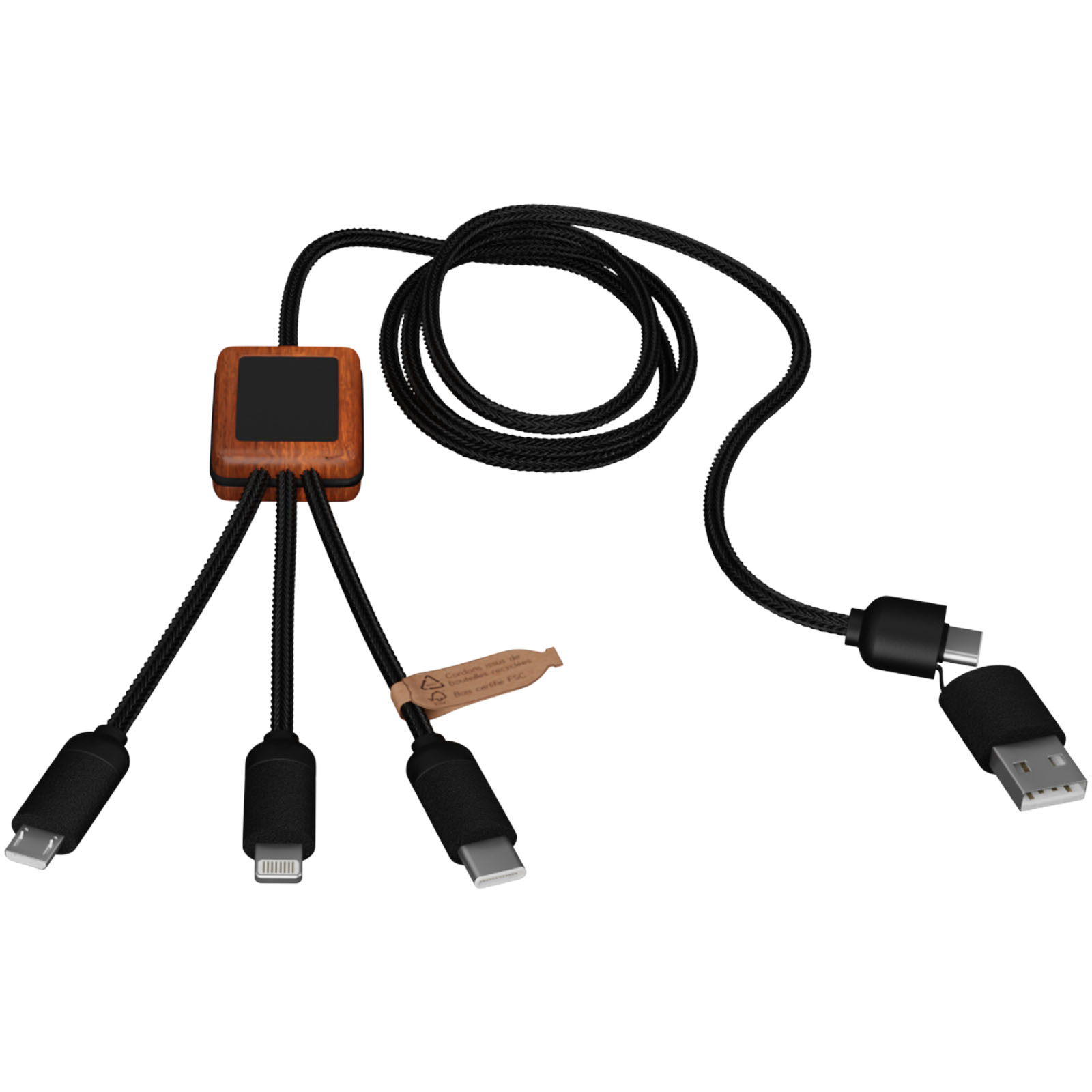 SCX.design C38 40W 5-in-1 rPET light-up logo charging cable with squared wooden casing