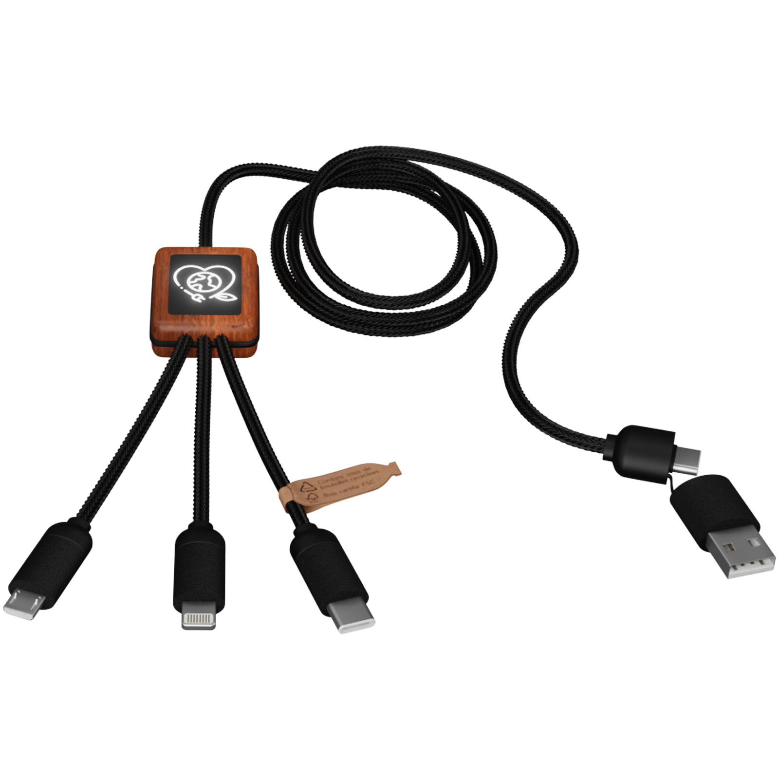 SCX.design C38 40W 5-in-1 rPET light-up logo charging cable with squared wooden casing