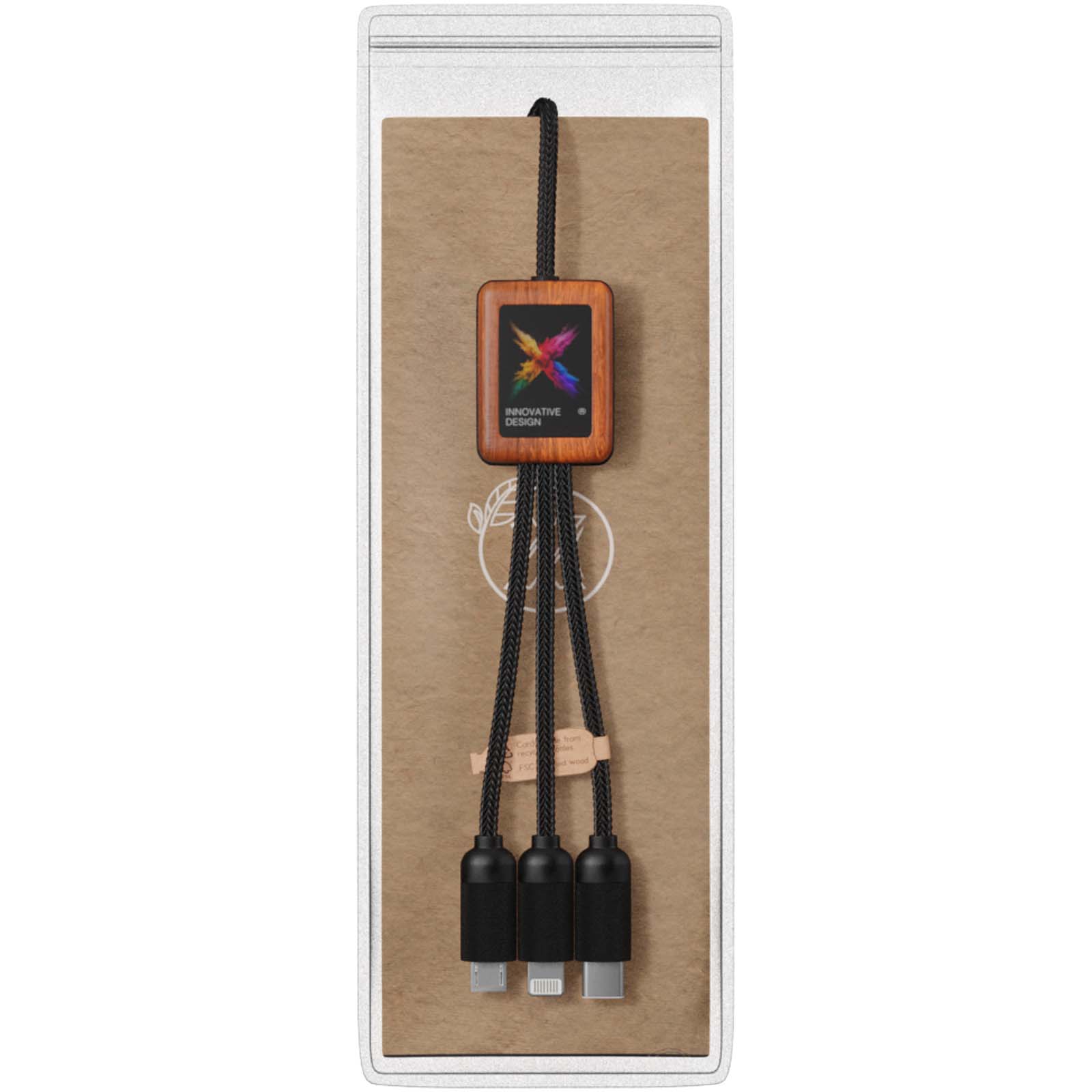 SCX.design C38 40W 5-in-1 rPET light-up logo charging cable with squared wooden casing