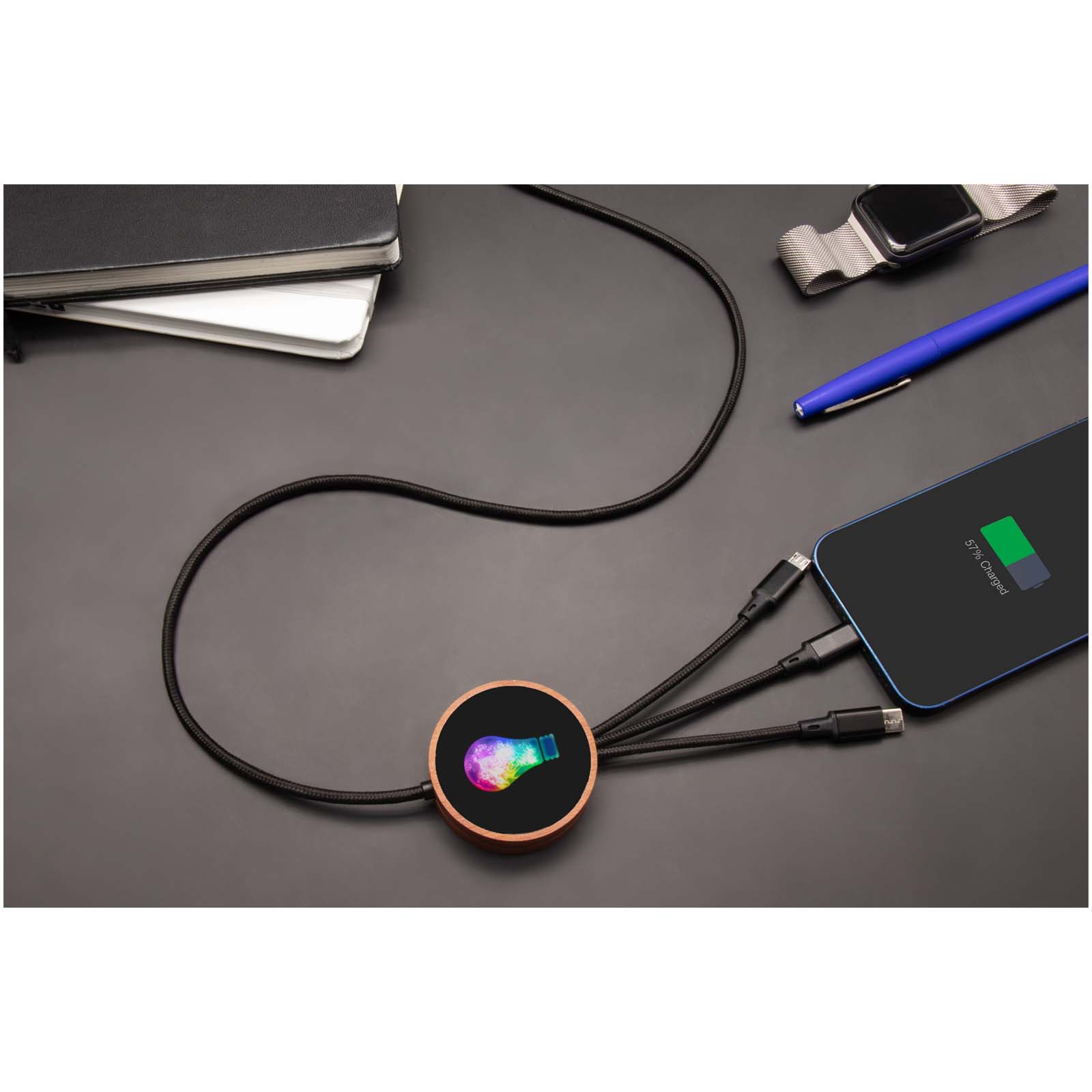 SCX.design C40 5-in-1 rPET light-up logo charging cable and 10W charging pad