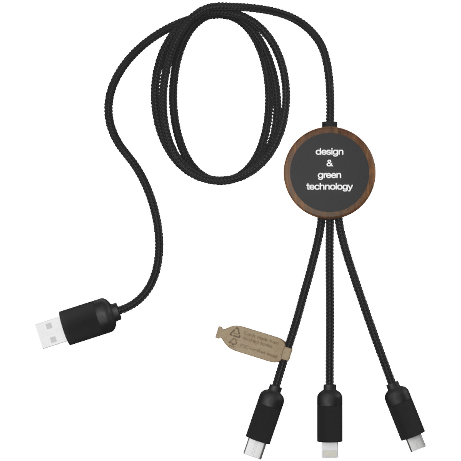 SCX.design C36 3-in-1 rPET light-up logo extended charging cable with round bamboo casing