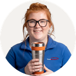 Total Branded employee Phoebe holding the Elwood Insulated Tumbler